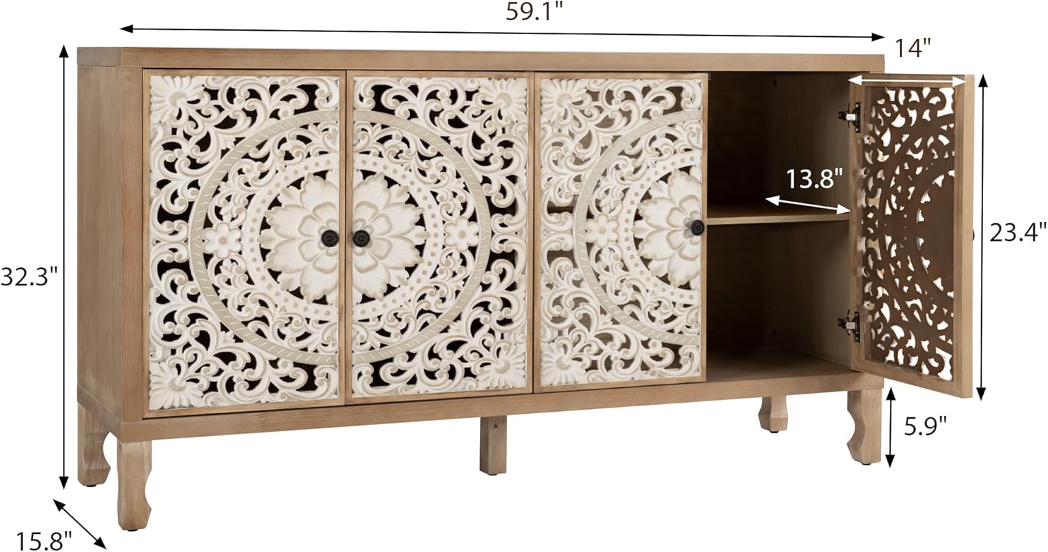 Buffet Cabinet with Storage, 4 Carved Doors Accent Cabinet, Solid Wood Buffet Sideboard with Adjustable Shelf, Vintage Cabinets for Kitchen, Living Room, Entryway, Natural&White