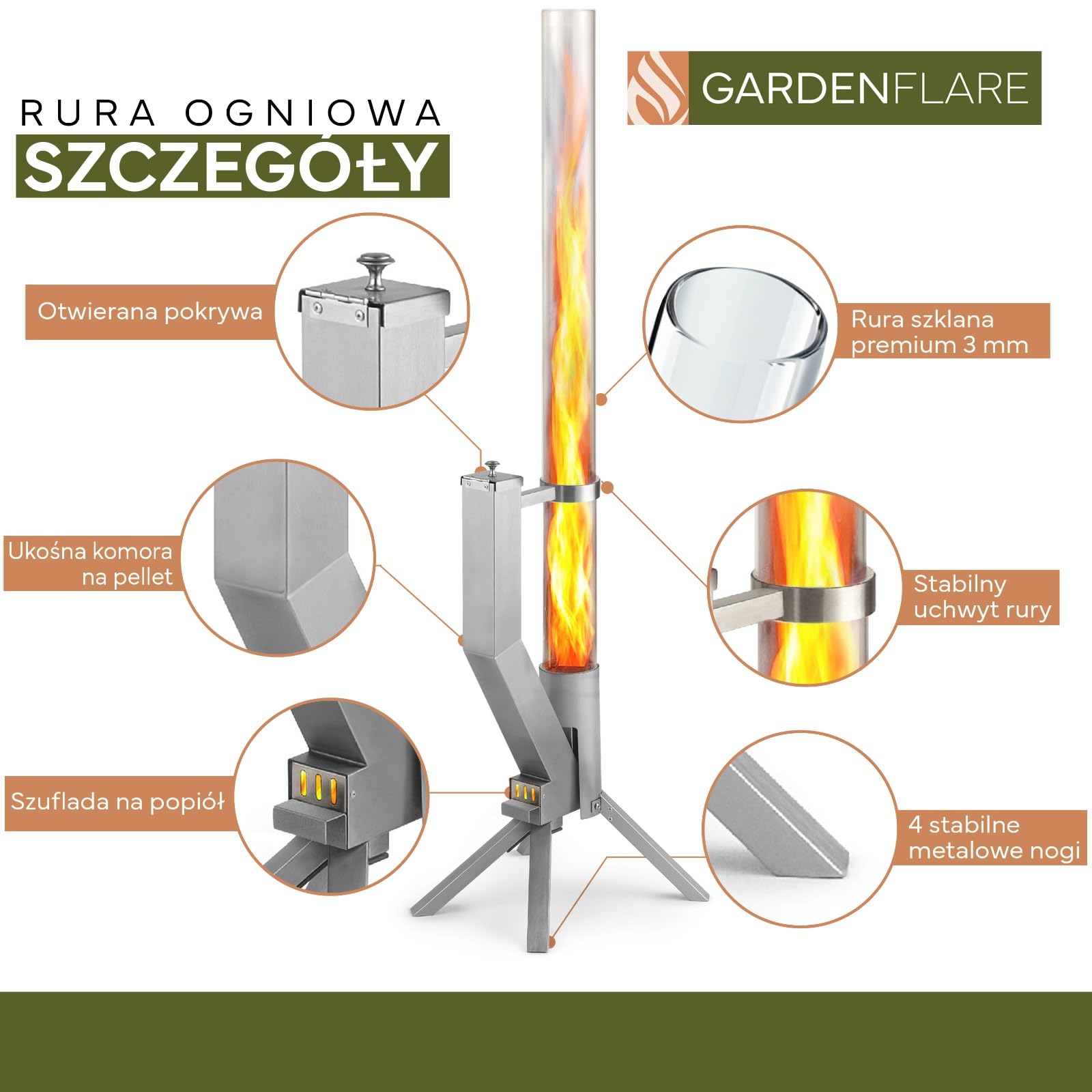 GARDENFLARE Elegancka kolumna ogniowa ze stali nierdzewnej, pelletowa pochodnia do ogrodu i na taras – Alternatywa dla kominka ogrodowego i ogrzewacza tarasowego (srebrny)
