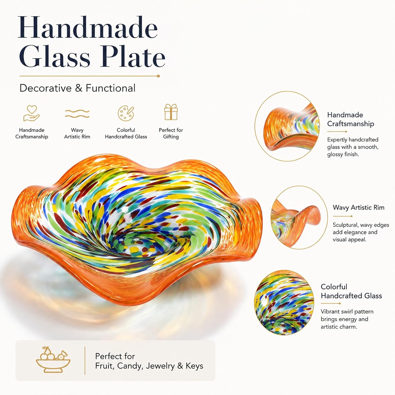 Hand Blown Murano Glass Bowl 10" Large Fruit Display Decoration Bowl