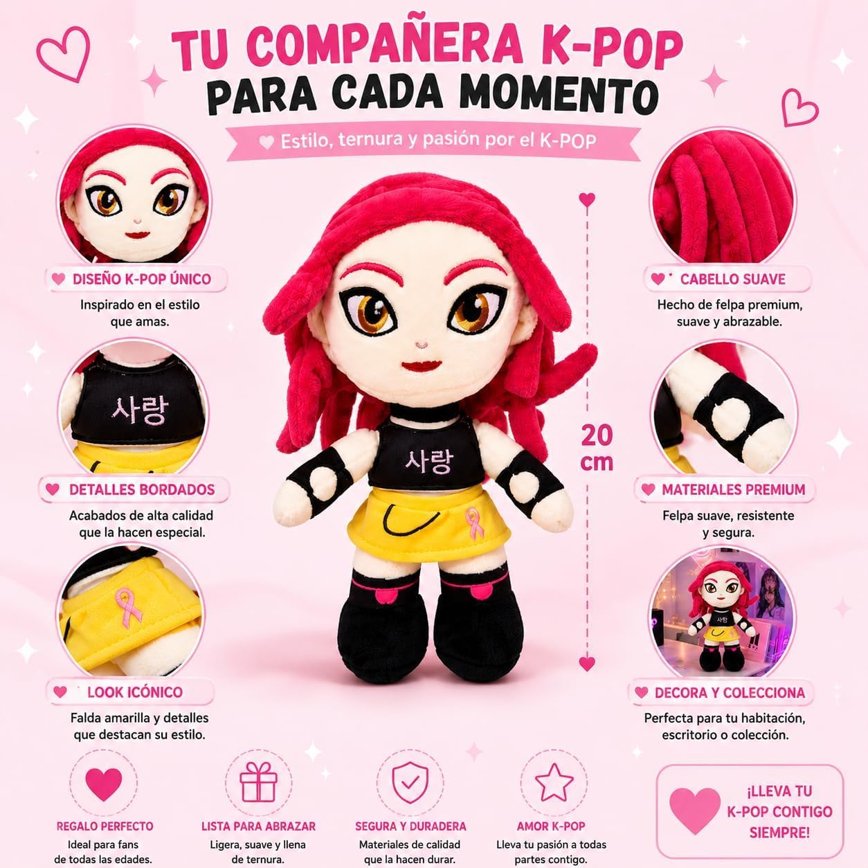 K-POP Juego de 3 Peluches Rumi Mira Zoey - altura 20 cm - Muñecas oficiales del trío coreano - Figuras de peluche suaves de colección K-Pop - Multicolor