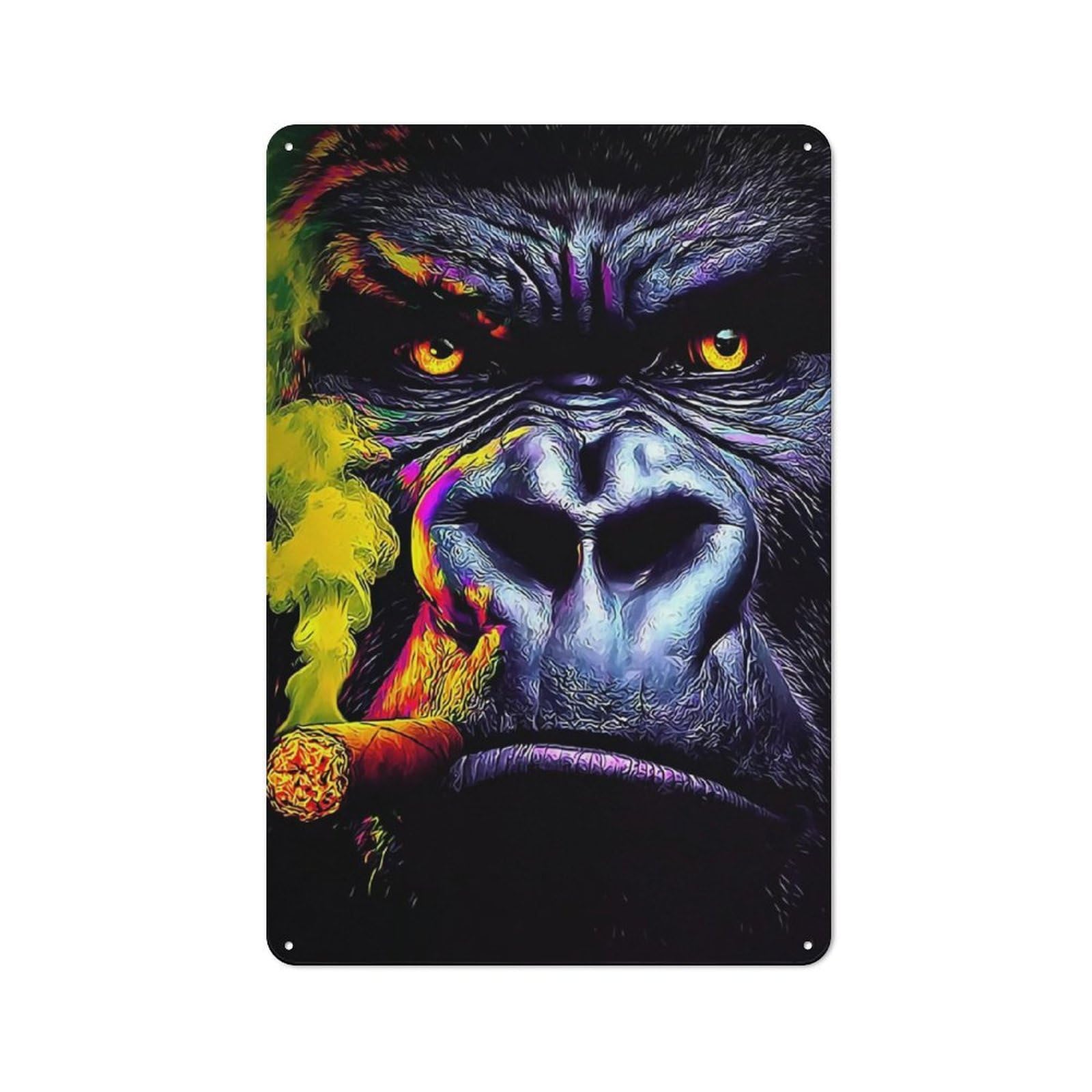 Junmoney Colorful Gorilla With Cigar Artwork Farmhouse Metal Sign With Design 30X20cm, Rustic Rustic Kitchen Decor For Dining Room, Cafe, Entryway Or Family Room