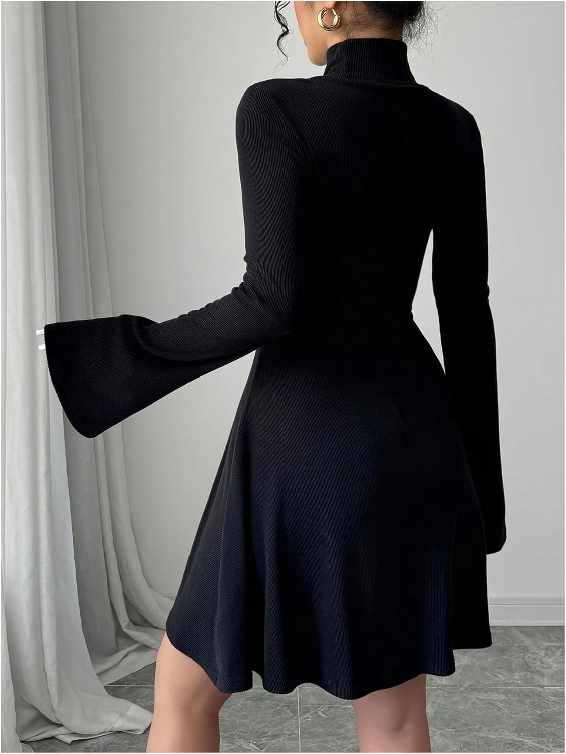 Women's Bell Long Sleeve Mini Dress Elegant Casual Mock Neck A Line Flowy Knit Sweater Dresses - Image 2