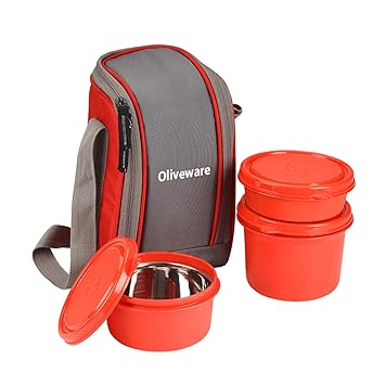 Sopl-Oliveware Boss Stainless Steel Lunch Box, Microwave Safe & Leak Proof, 3 Ineer Steel Containers With Bpa Free Airtight Lids (290 Ml, 450 Ml, 600 Ml), Fabric Bag - Red