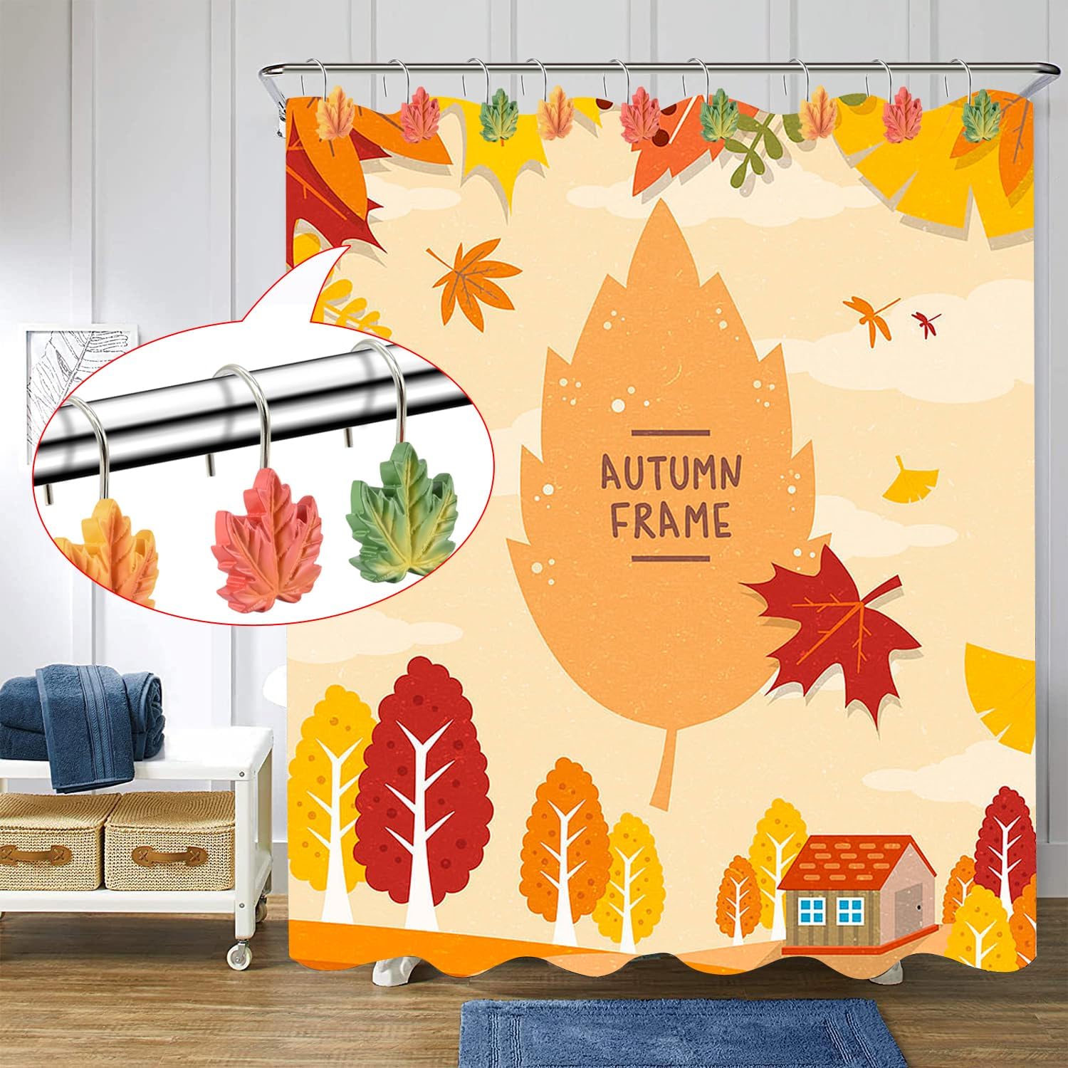 Maple Leaf Shower Curtain Hooks Rings,12Pcs Autumn Thanksgiving Decorative