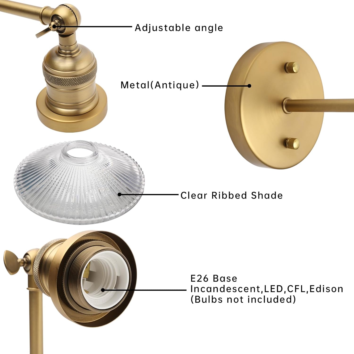 Industrial Vintage Wall Sconce 1-Light with Funnel Ribbed Clear Glass Shade, Indoor Wall Mounted Lamp Fixture for Living Room Bedroom Bathroom Over Kitchen Sink