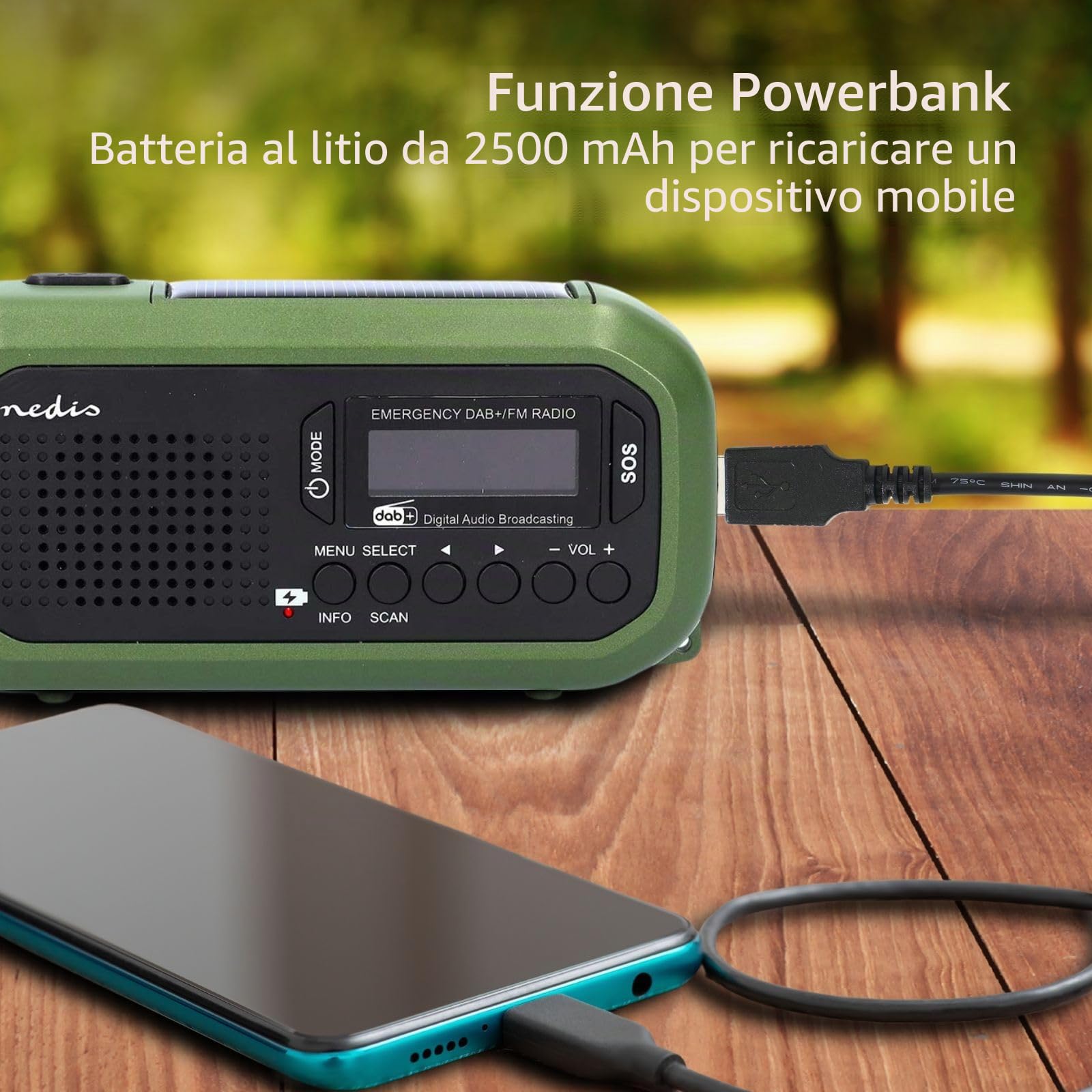 Radio di emergenza – Versione portatile – DAB+ / FM – Funzionamento a batteria/manovella/alimentazione solare/alimentazione tramite USB – Sveglia – Verde/Nero