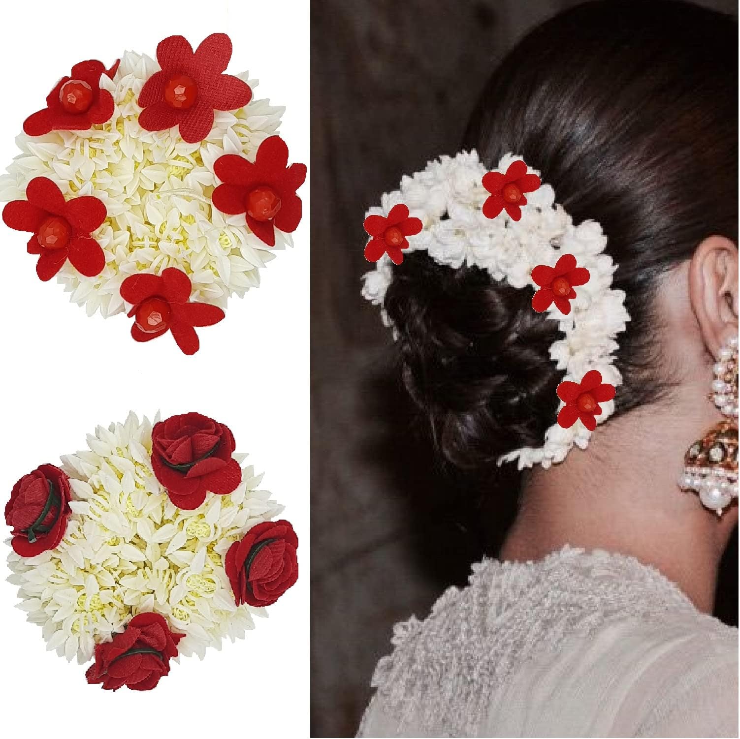 Karki FusionArtificial Rose Mogra White Gajra Hair Accessories Rubber Band for Women (Pack of 2)(White with Red rose)