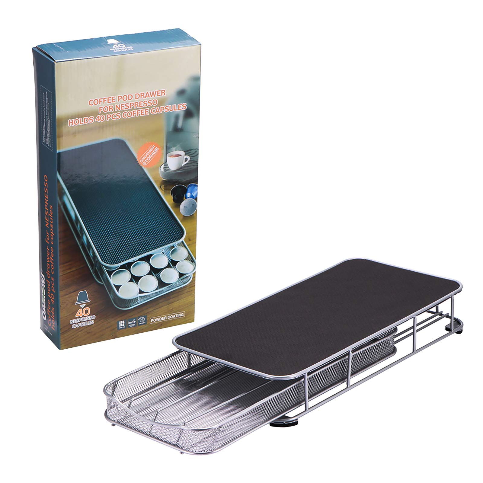 SHANGSKYCoffee Pod Organizer Drawer, Pods Holder for Nespresso Pods Original Line 40 Capsule Capacity, Compact Under Coffee Maker Storage, Coffee Station Organizer for Office Home Kitchen (Silver)