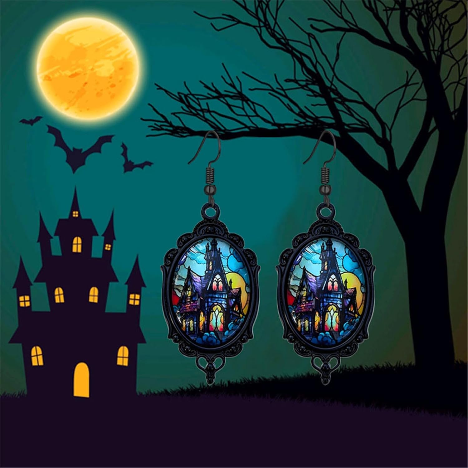 Dreuyet Gothic Castle Cameo Earrings for Women Vintage Crystal Glass Castle Earring Goth Punk Style Mystic Victorian Earrings Halloween Castle Wizard Witch Earring Jewelry - Image 6