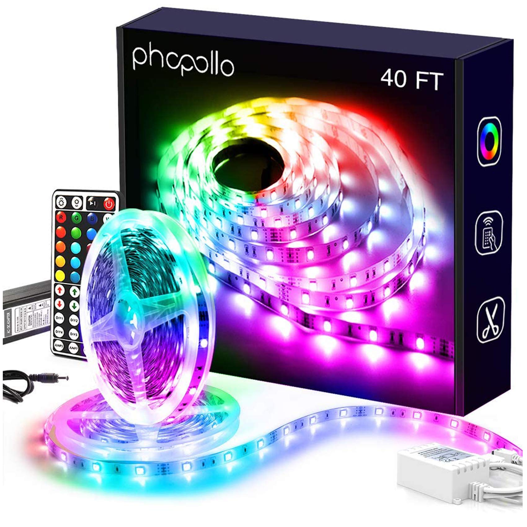 PHOPOLLOLed Lights 40ft for Bedroom RGB Color Changing 180 LEDs Led Lights Kit with Power Supply and Remote