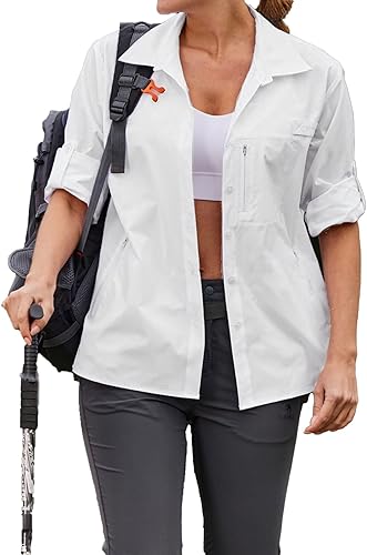 PINSPARK Camisas de manga larga con protección solar UPF 50+ para mujer, blusa de pesca al aire libre, secado rápido, safari, senderismo, con