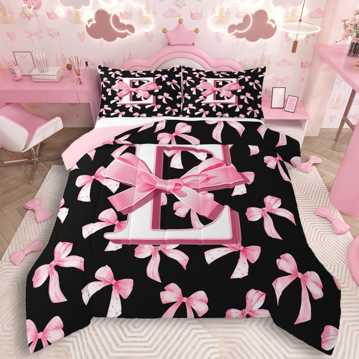 Feelyou Kids Girls Cute Pink Bow Comforter Set Twin Size Initial Letter E Bedding Set Coquette Bow Knot Duvet Quilt Monogrammed Room Decor Personalized Teen Girl Women Gifts 2 Pcs with 1 Pillow Cases