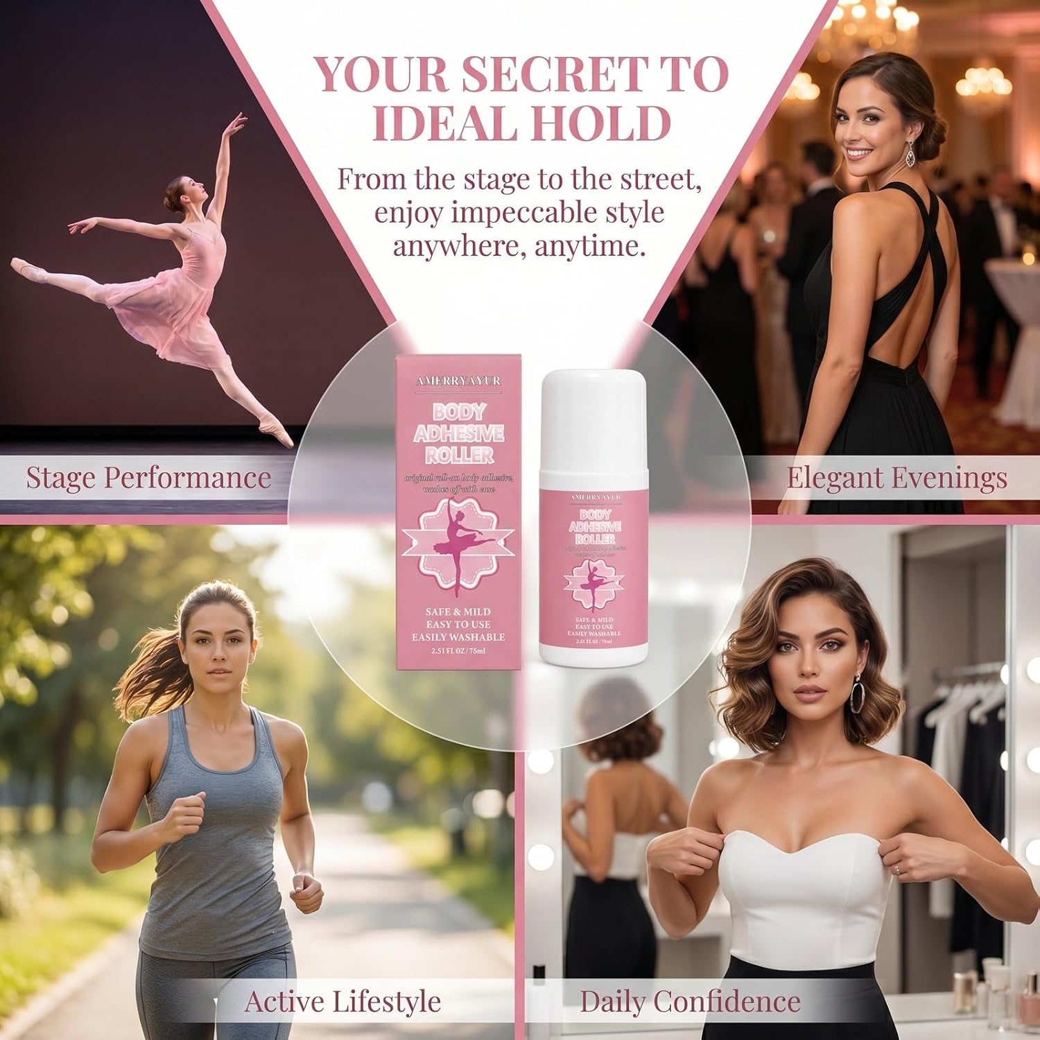 Body Adhesive Roll-On for Clothes and Skin, Strong Sweat Resistant Body Glue, Washable Fashion Adhesive for Bras, Wigs, Socks, Dancewear, Stage Costumes and Butt Lift Support