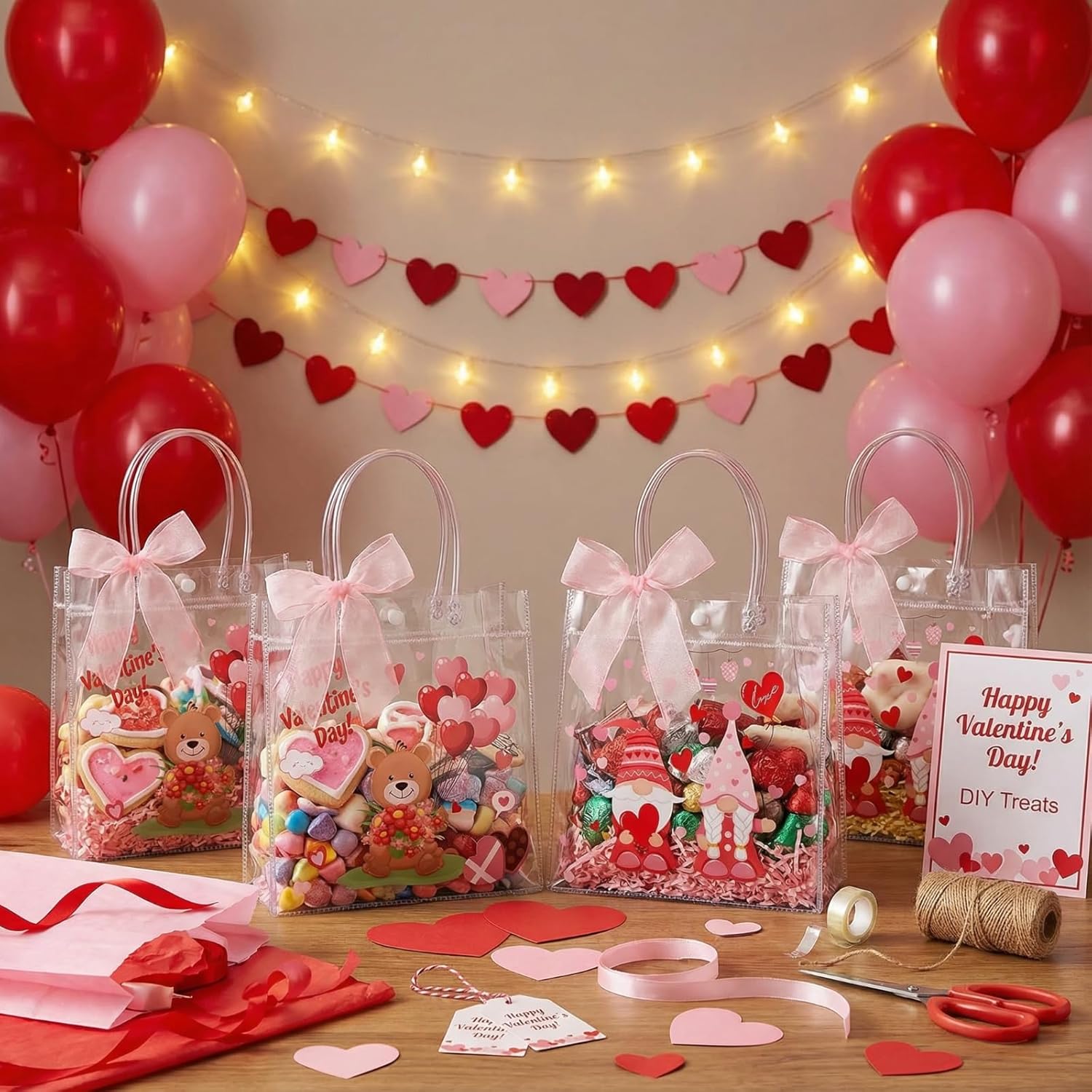 Henoyso 24 Pcs Valentines Clear Gift Bags Plastic Pink Candy Goodie Treat Bag Valentines Day Party PVC Totes with Handles Ribbon Galentines Day Party Favors, 7.8 x 7.8 x 3.1 Inches - Image 5