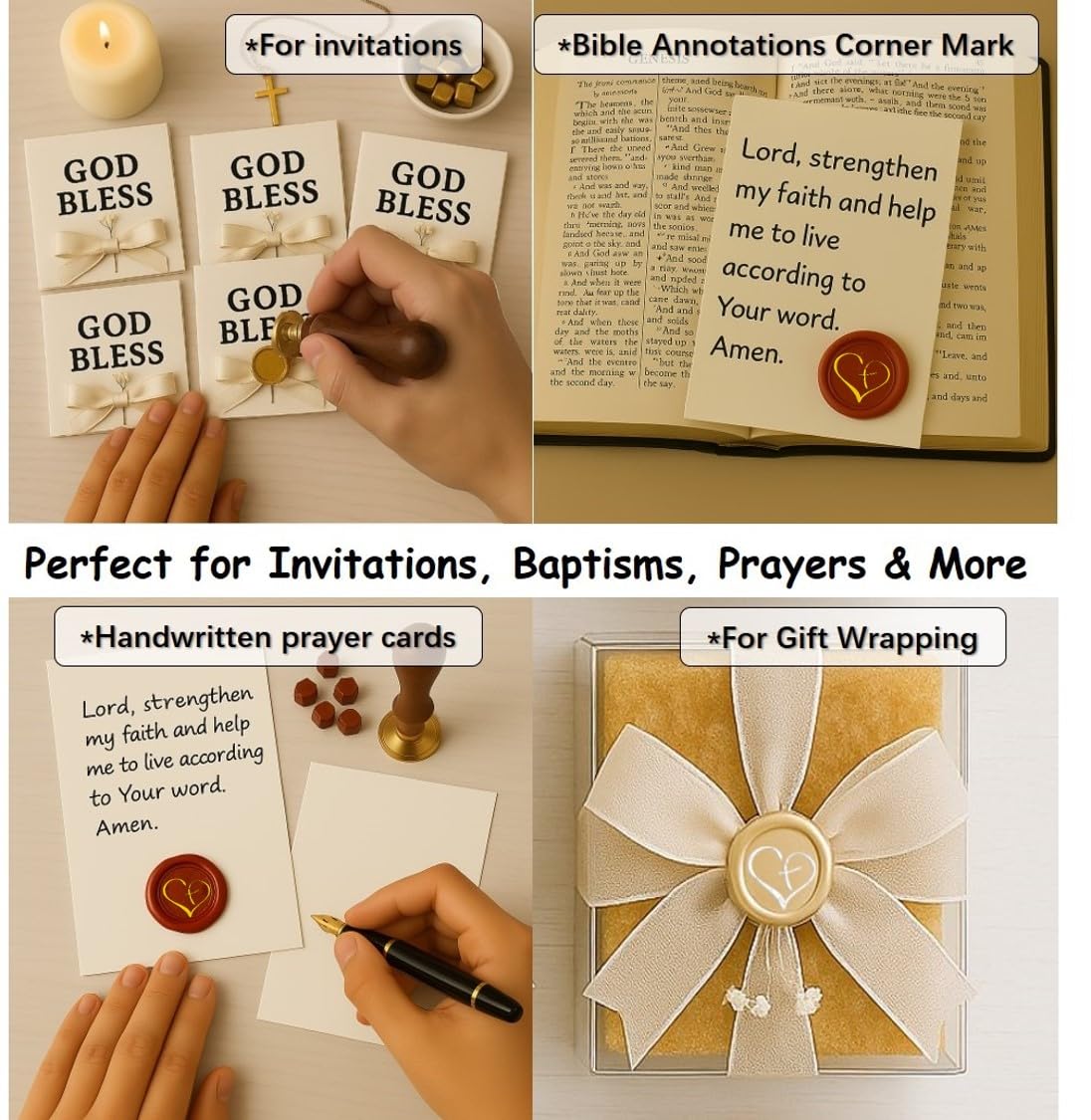 Christian Wax Seal Stamp Heads – 25mm Brass Seals, Faith Symbols Cross, Jesus Fish, God Bless, for Cards, Journals, Gifts – Compatible with Standard Wooden Handles (God Bless Cross)