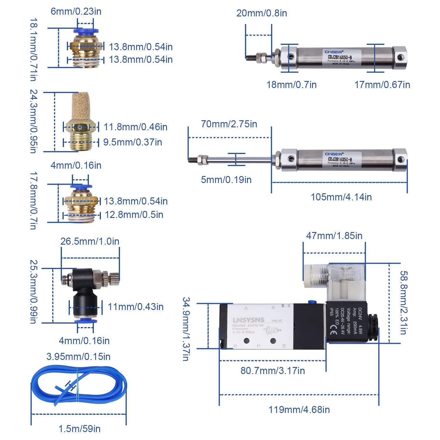 Pneumatik 5/2 Wegeventil - LNSYSNS Pneumatik Ventil 4V210-08 DC 24V und Pneumatikzylinder, Ausgestattet mit Pneumatik Schalldämpfer, Pneumatik Schlauch, Pneumatik Schlauch Steckverbinder