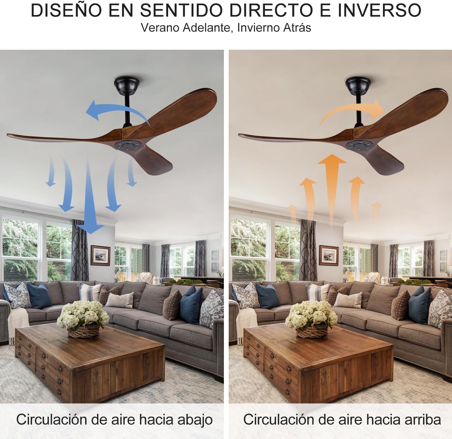 Ceiling Fans without Lights, 52 Inch Wood Ceiling Fan no Light with Remote,Outdoor Ceiling Fan for Living Room,Patio, Porch,6 Speed, Quiet DC Motor(Deep Walnut Blades)