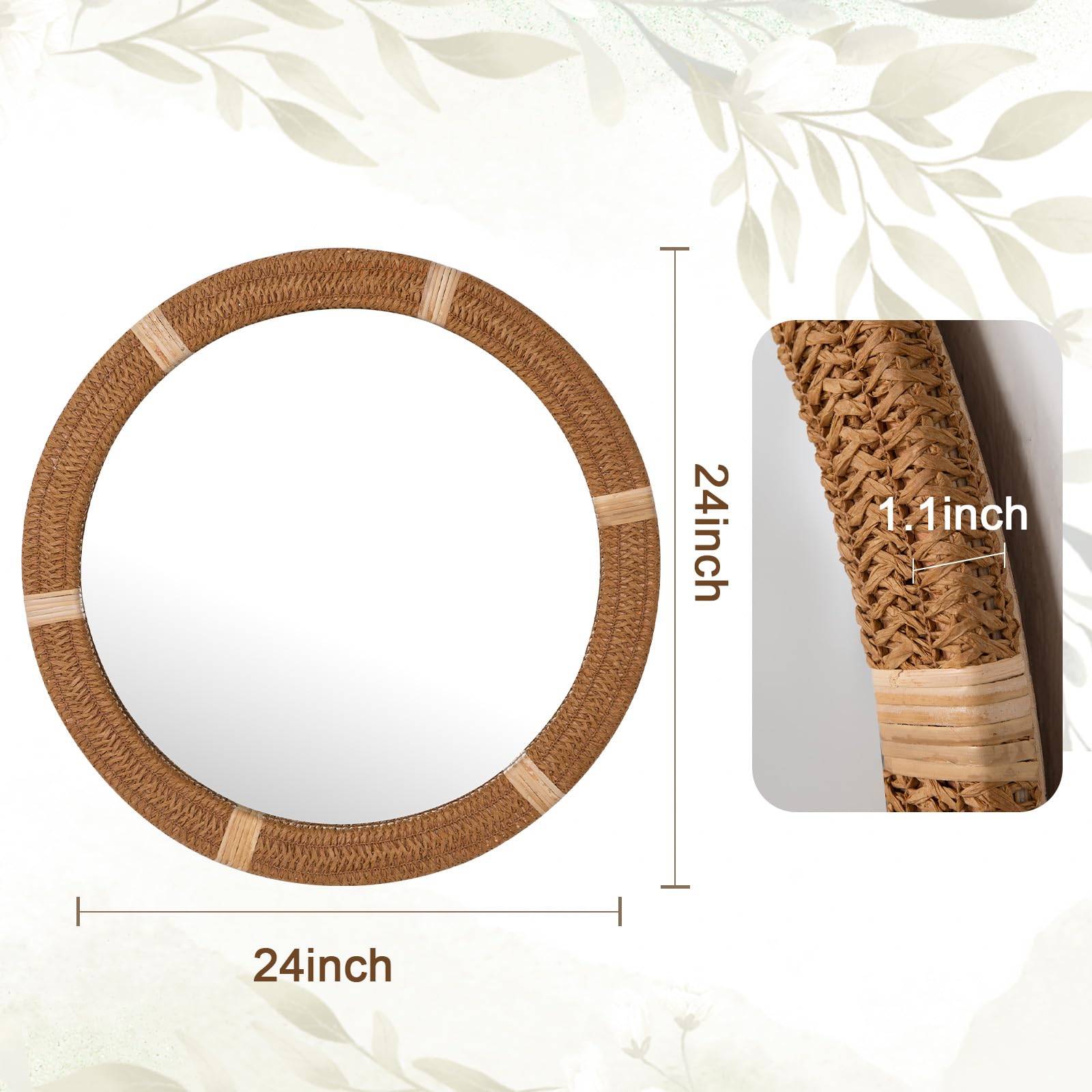 NULIPING Specchio rotondo da parete per bagno, grande specchio rotondo per decorazione da parete, cornice in legno per ingresso, camera da letto, soggiorno (marrone bicolore