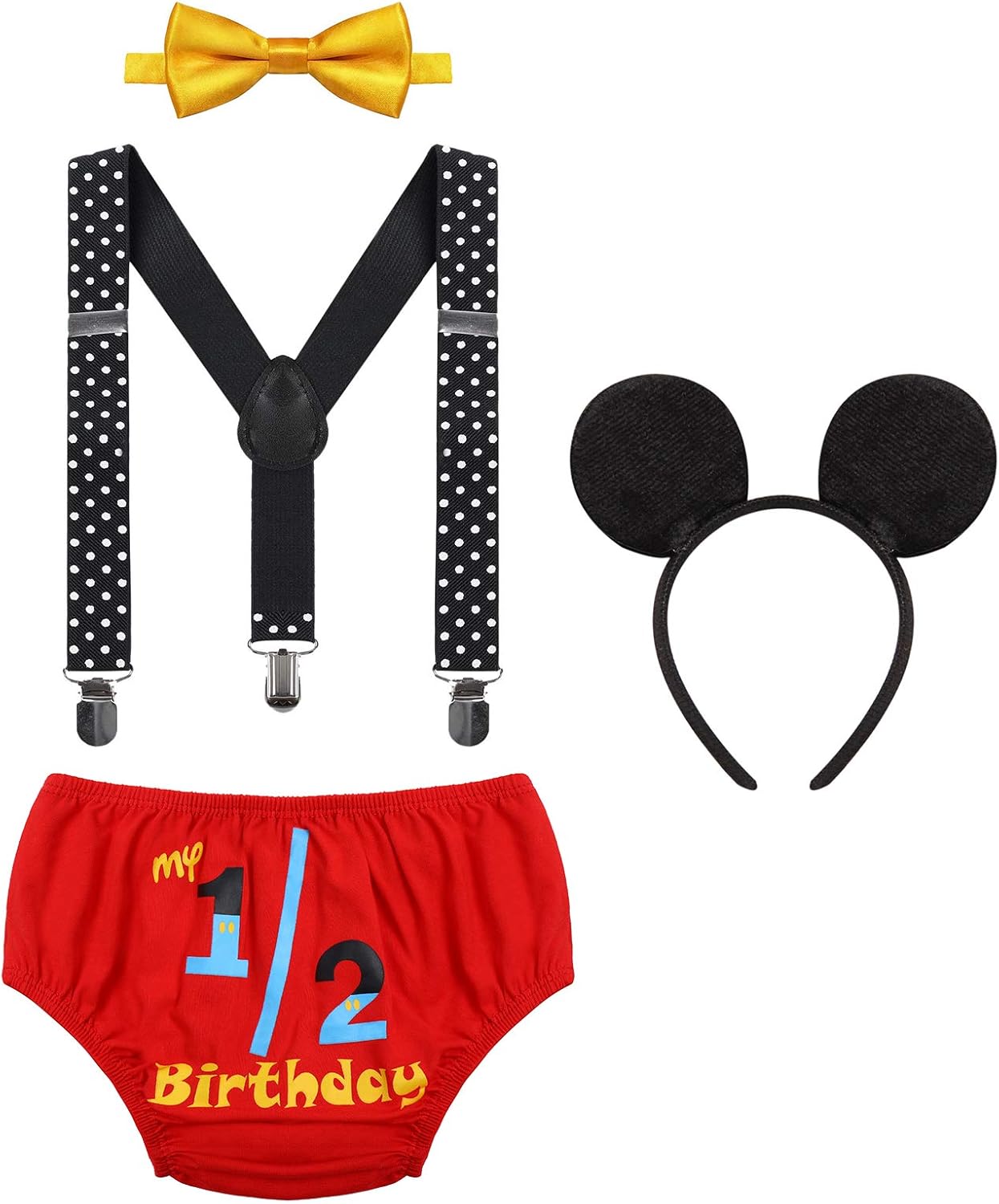 Baby Boys Half 1st 2nd Birthday Cake Smash Outfit Diaper Cover + Suspenders + Bowtie + Headband for Photo Props