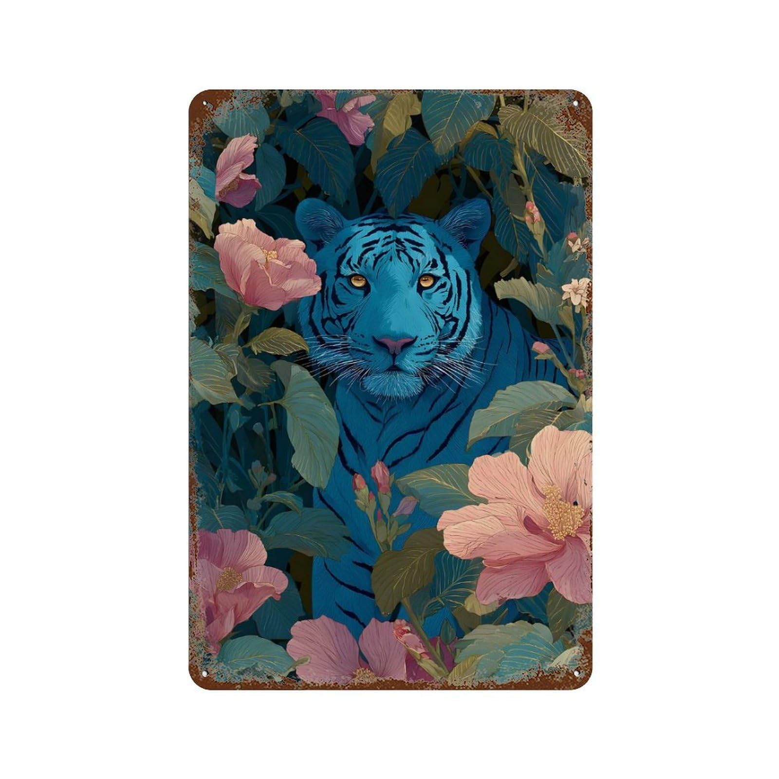 Vintage Metal Tin Sign with Blue Tiger in Floral Jungle Design 11.8"x7.9", for Garage, Bar And Workshop Decor, Novelty Wall Decor