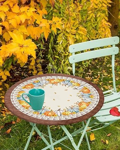 Miniatura 2 de Mantel redondo de calabaza de otoño con borde elástico, mantel ajustable estilo bohemio para mesas redondas, mantel retro de grano de madera a