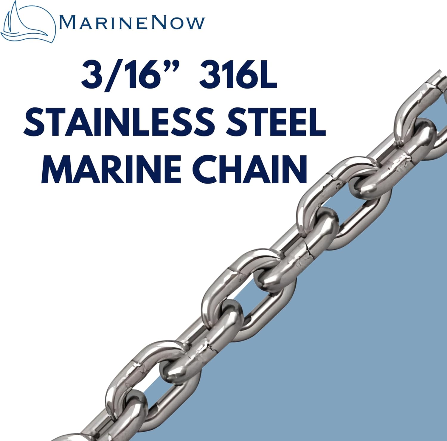 MarineNow 3/16” 316L Stainless Steel Marine Chain – High-Test, Corrosion-Resistant, 1,200 lb WLL – Choose Length – Meets NACM Standards for Anchors & Mooring
