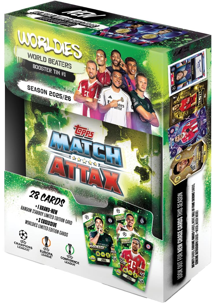 Topps UCC Match Attax 2025/26 - Mini Tin - World Beaters - enthält 28 Match Attax-Karten Plus eine zufällige Star Boy LE und 3 Exklusive „Worldies“-LE-Karten.