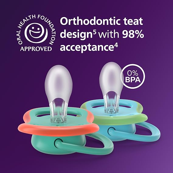 Philips Avent Ultra Air Day & Night Soothers - Orthodontic Design, for Babies 6-18 Months, Glow-in-The-Dark Version, Soft Silicone Symmetrical Teat, BPA-Free, Sterilizing Cases, 4 Pack, SCF087/27