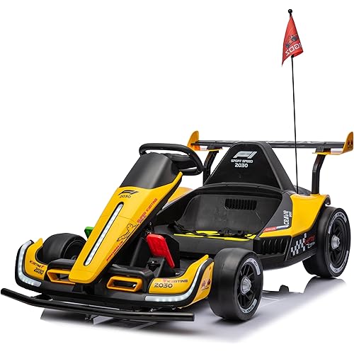 UNICOO® DriftChaser™ Childrens Go Kart, 24V Rechargeable Ride-On Toy, Electric Scooter for Kids 6-12+, Electric Car for Kids, LED Lights, Remote Control, Adjustable Seat, Bluetooth (Lightning Yellow)