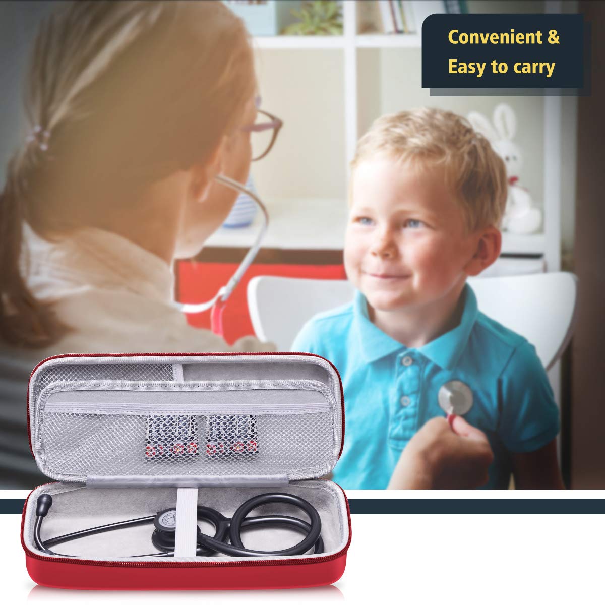 Geecow Hard Case for Stethoscopes, Compatible with 3M Littmann Classic III/Lightweight II S.E/Cardiology IV Diagnostic Stethoscope etc, Stethoscope Case Includes Mesh Pocket for Accessories (Red)