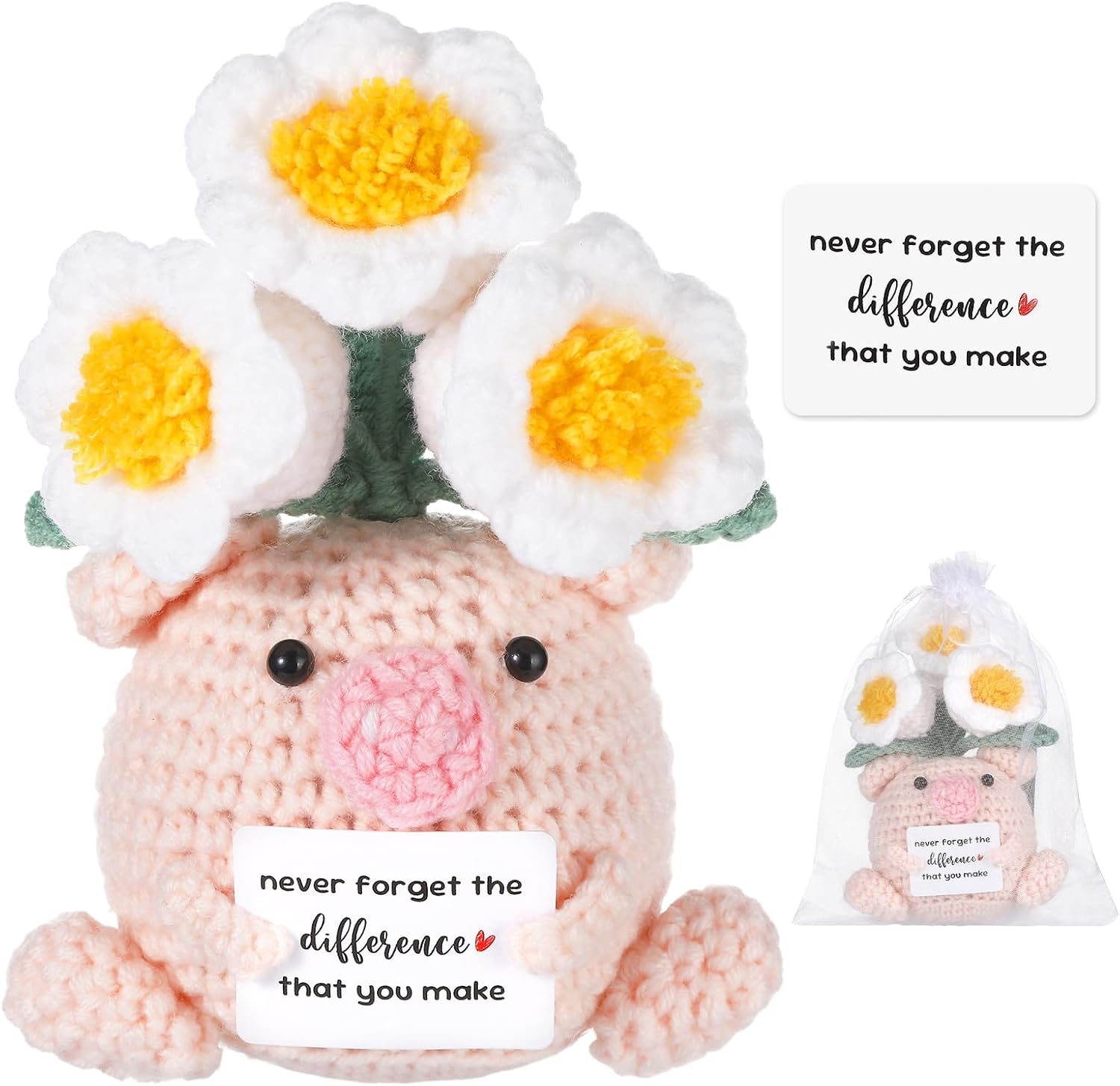Qyeahkj Positive Crochet Flower Pig Pot Never Forget The Difference That You Make Crocheted Pig Emotional Favor Thank You Appreciation Gifts for Thank You Appreciation Women Men Teacher Employee Decor