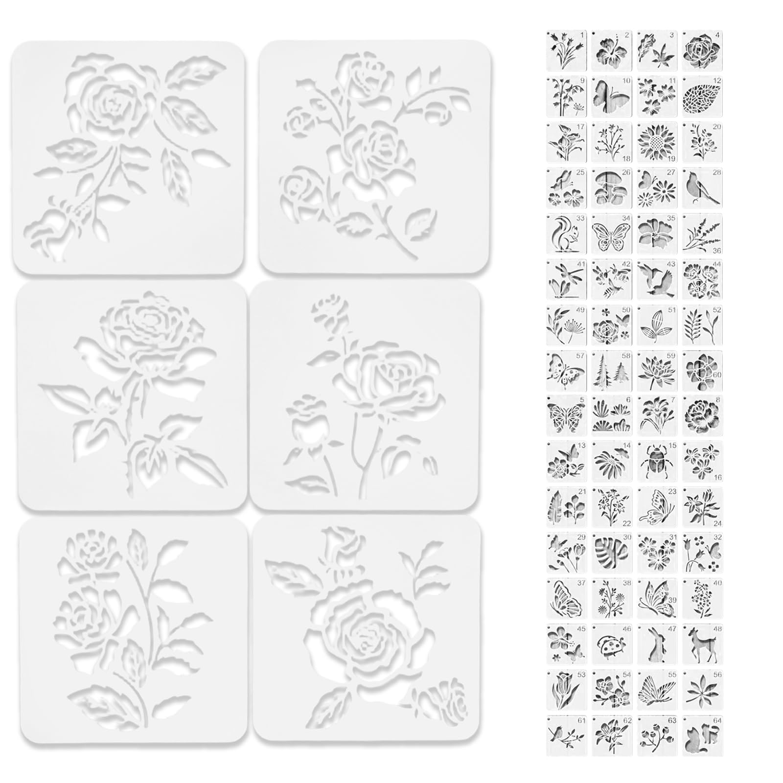 70 Stück Schablonen Malen，Wiederverwendbare Malschablonen，Airbrush Schablone，Stencil，Zeichenschablonen，Blumen Schablone，Kleine schablonen für DIY Scrapbooking Handwerk Deko，mit Blumen Blättern Tiere