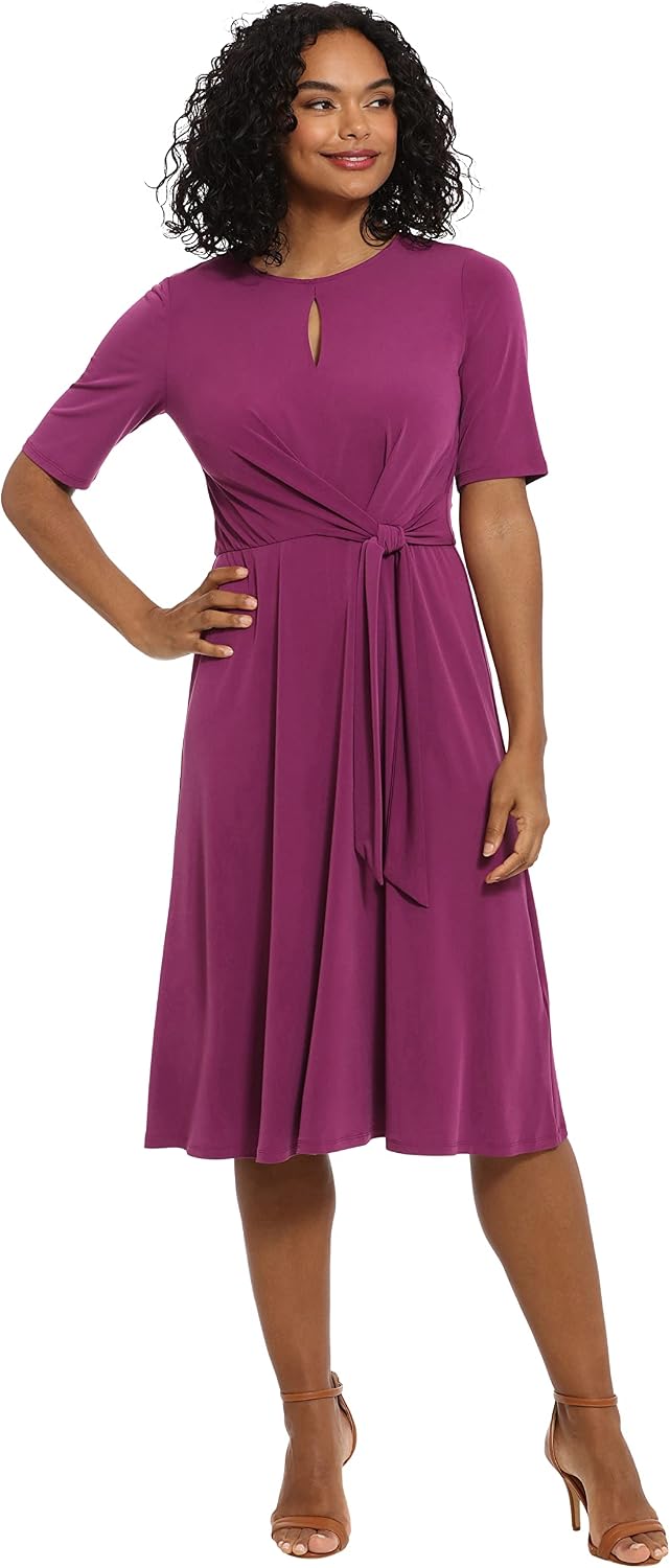 London Times Women's London Times Women's Dresses Side Tie Flattering Midi Length Chic Versatile Matte Jersey Dress