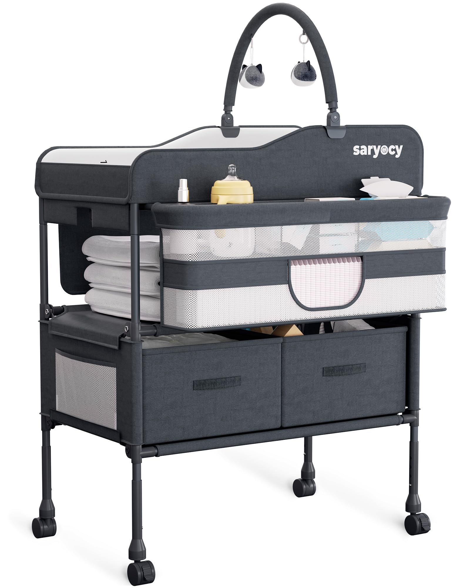 Saryocy Baby Changing Table with Storage, Versatile Folding Changing Table, Baby Changing Station, Removable Wheels, 4 Adjustable Height, Waterproof,