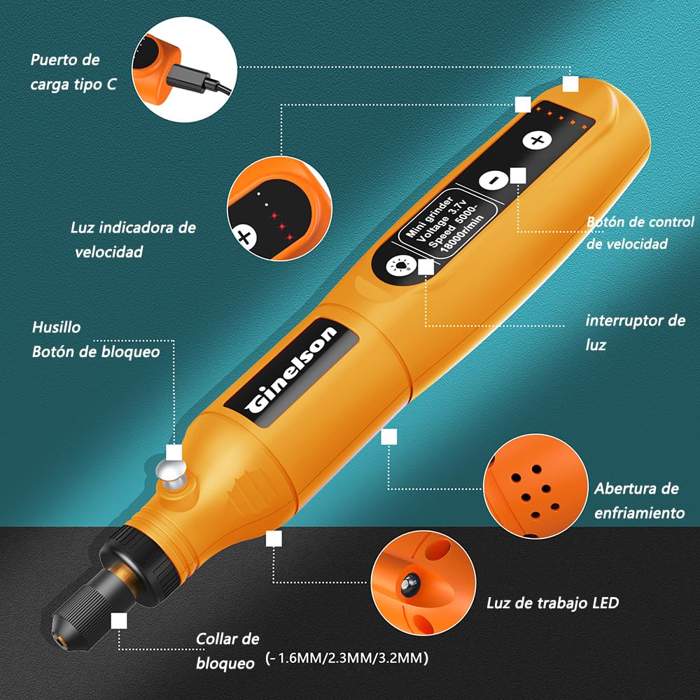 Outil rotatif sans fil3.7 V, outil rotatif 5 vitesses 18000 tr/min, avec éclairage LED et 70 accessoires pour percer, fraiser, graver, polir, meuler et décaper la rouille.