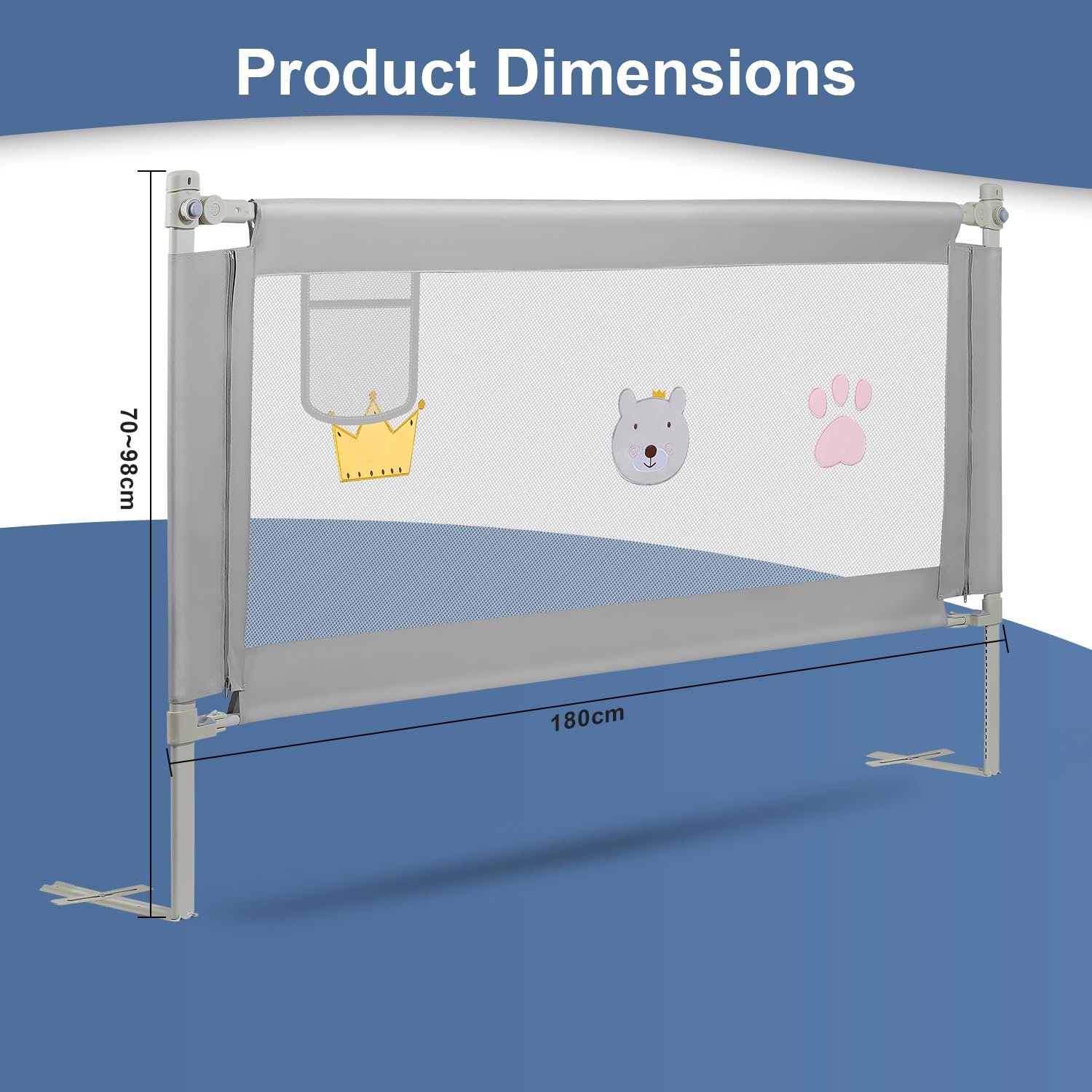 Griglia di protezione per letto per bambini, 180 x 70 cm, altezza regolabile 70 – 98 cm, stabile griglia per letto con blocco, rete traspirante, grigio