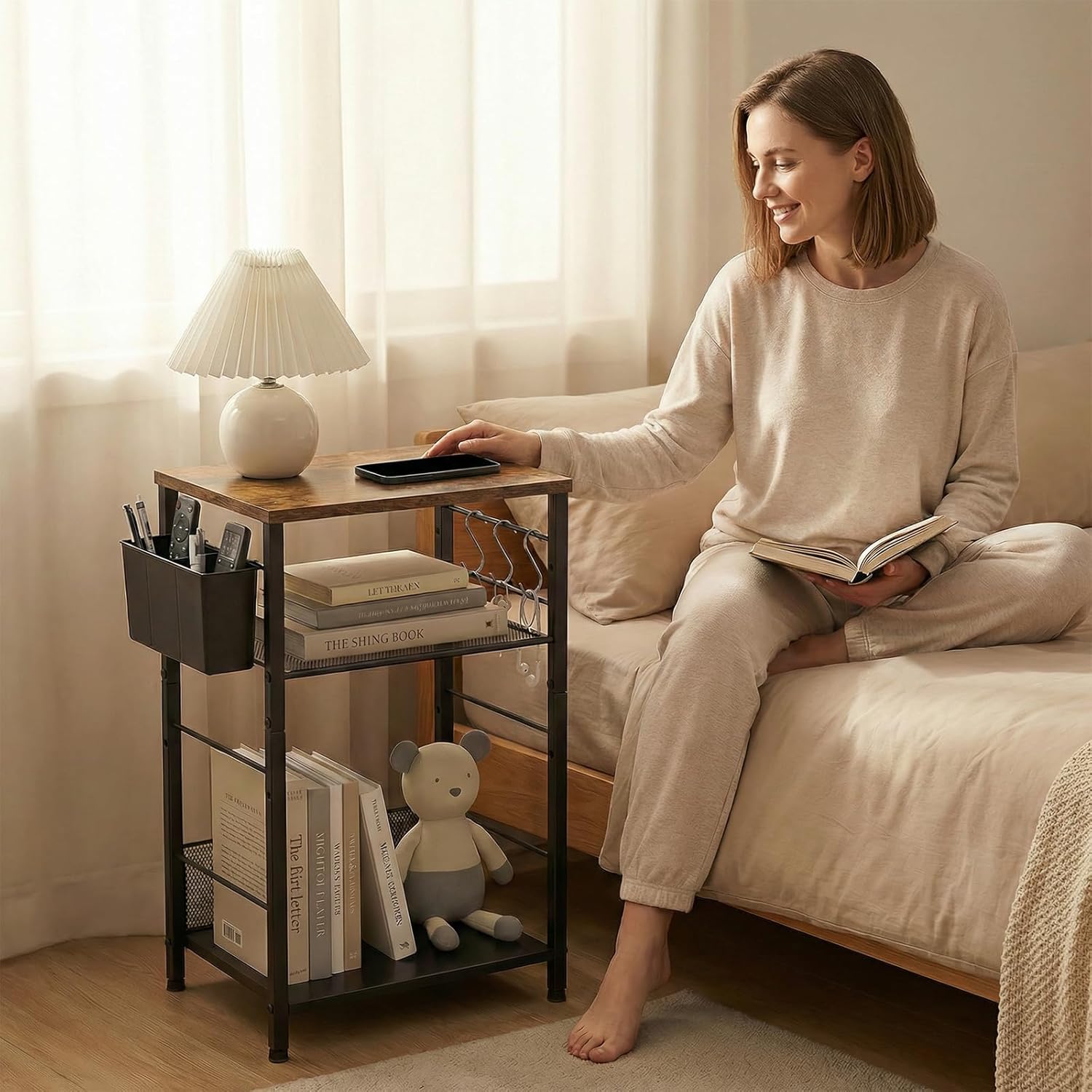 3 Tier Printer Stand for Under Desk, Height Adjustable Shelf Small Printer Table with 3 S-Hooks & Basket, Heavy Duty Industrial Storage Shelf for Home Office (Rustic Brown)