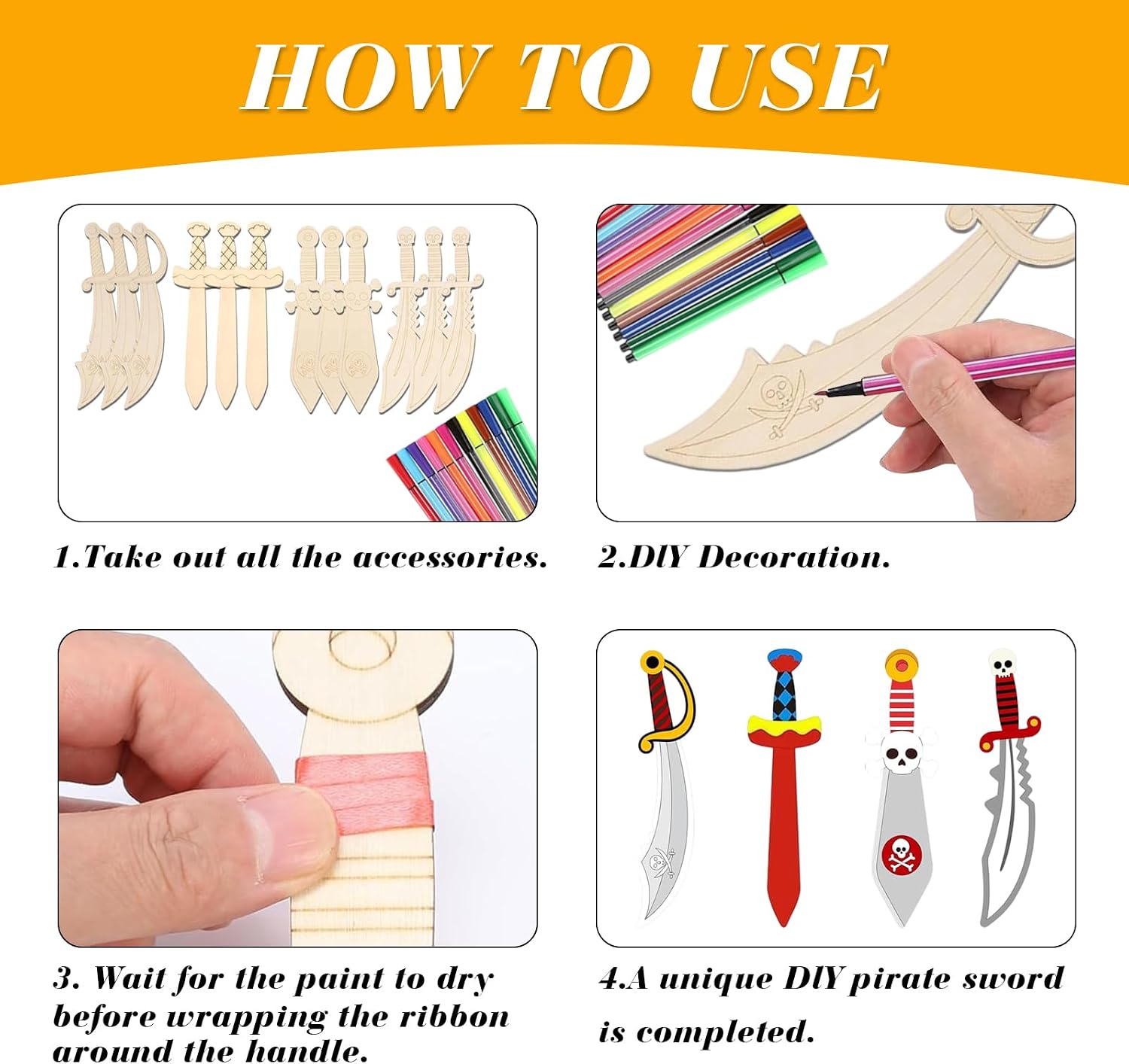 CXNXFD 12 Pieces Wooden Pirate Swords with 12 Colorful Pens, Pirate Sword, Wooden Sword for Pirates, Children's Birthday, DIY, Painting Decoration