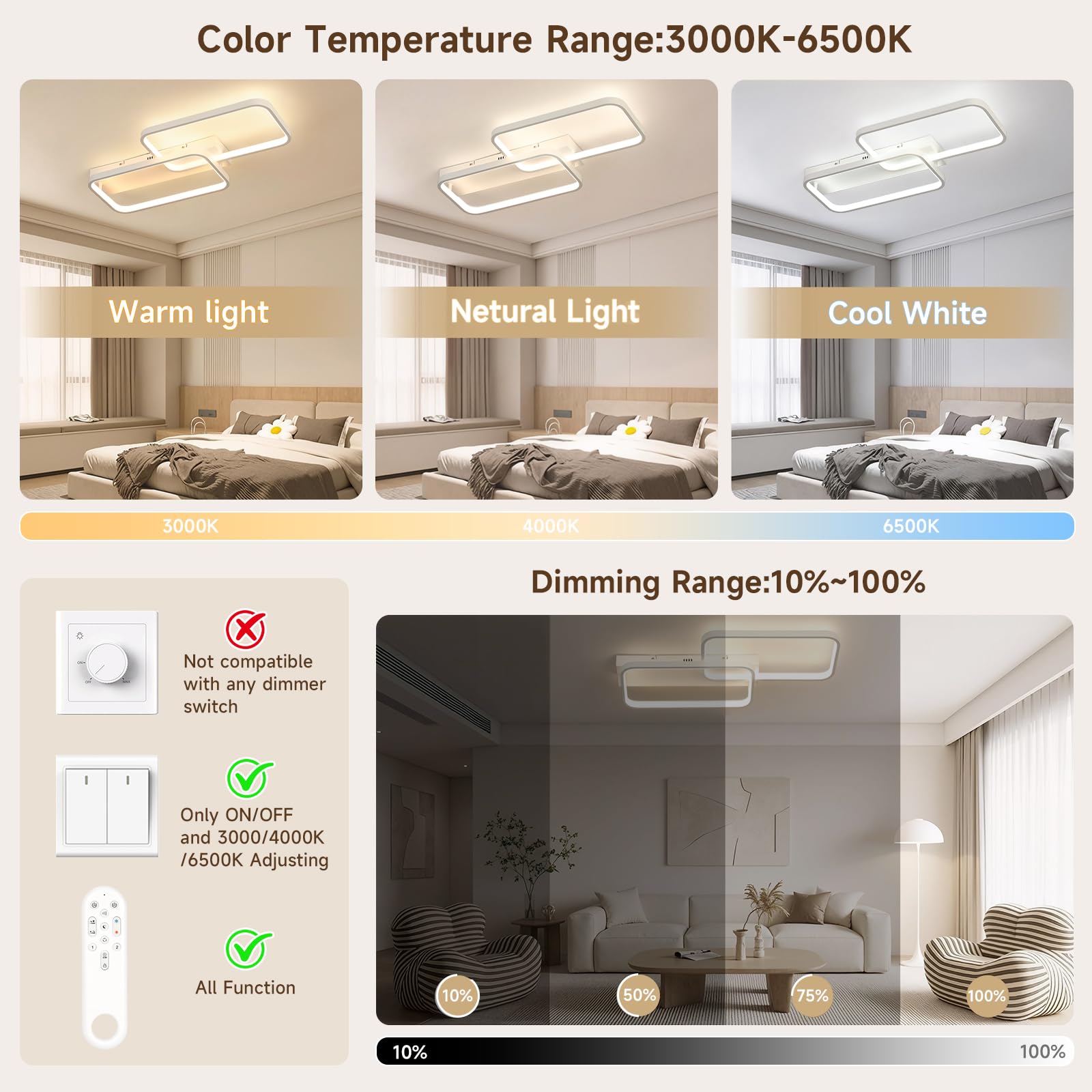 OTREN Lampa sufitowa LED 40 W, 4000 lm, regulowana za pomocą pilota 3000 K-6500K, pamięć i blokada, lampka nocna i timer do salonu, sypialni, kuchni, 61 cm