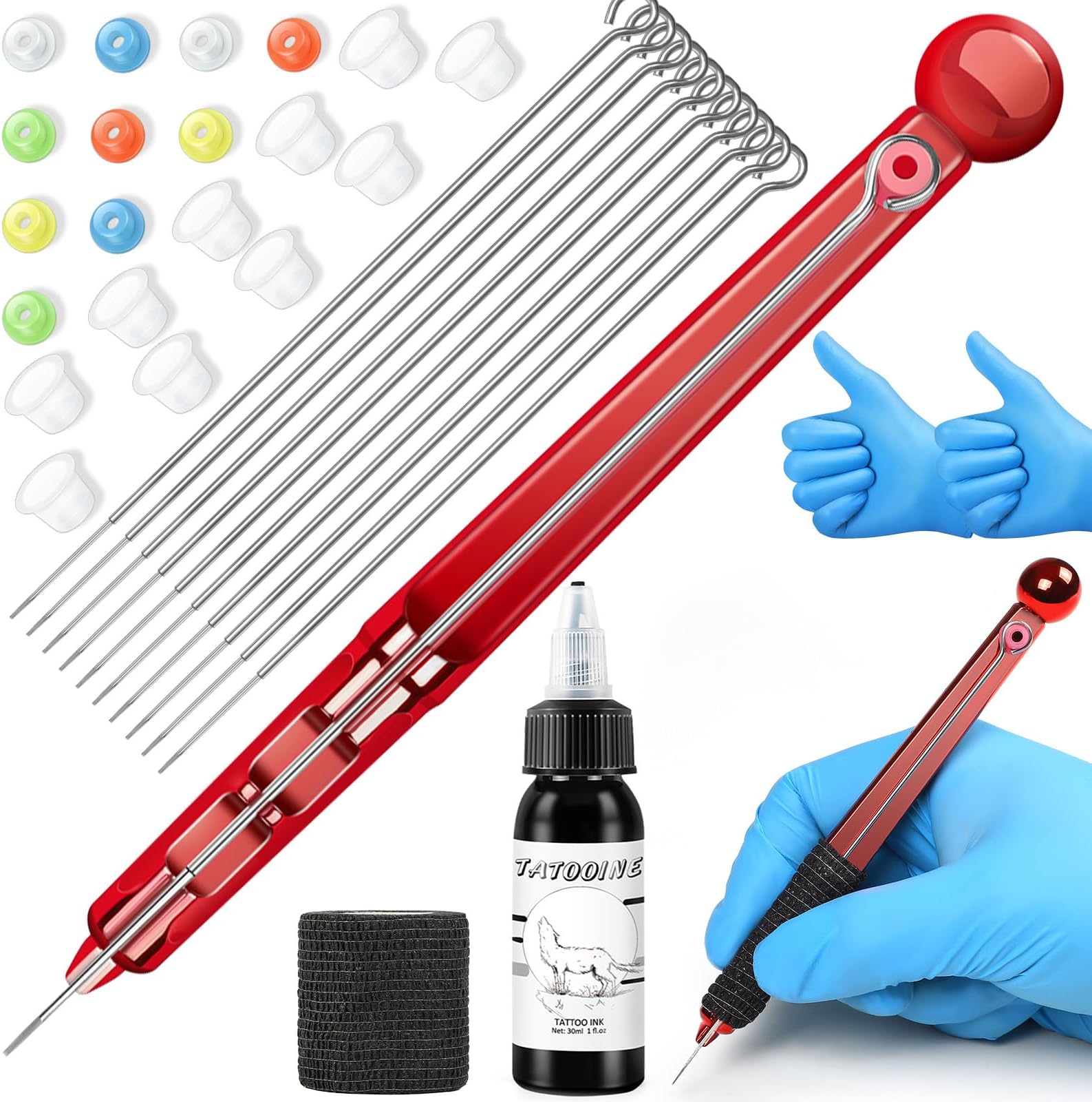 TatooineHand Poke a Stick Tattoo Kit, 10Pcs 5RL Tattoo Needles 30ML Black Tattoo Ink and Essential Tools Stick and Poke Tattoo Kit, DIY Hand Poking Kit Tattoo Supply for Beginners Tattoo Lover