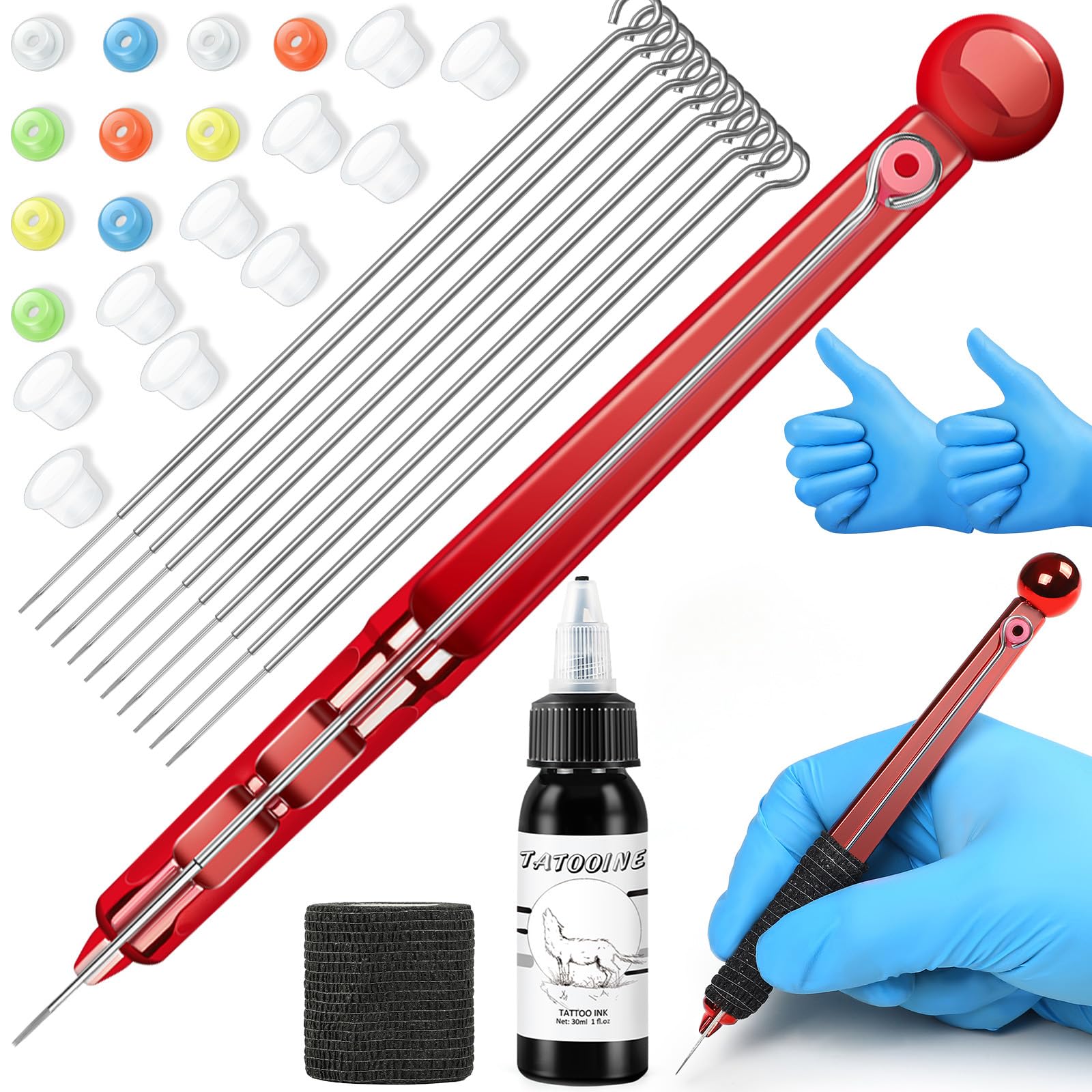 TatooineHand Poke a Stick Tattoo Kit, 10Pcs 5RL Tattoo Needles 30ML Black Tattoo Ink and Essential Tools Stick and Poke Tattoo Kit, DIY Hand Poking Kit Tattoo Supply for Beginners Tattoo Lover