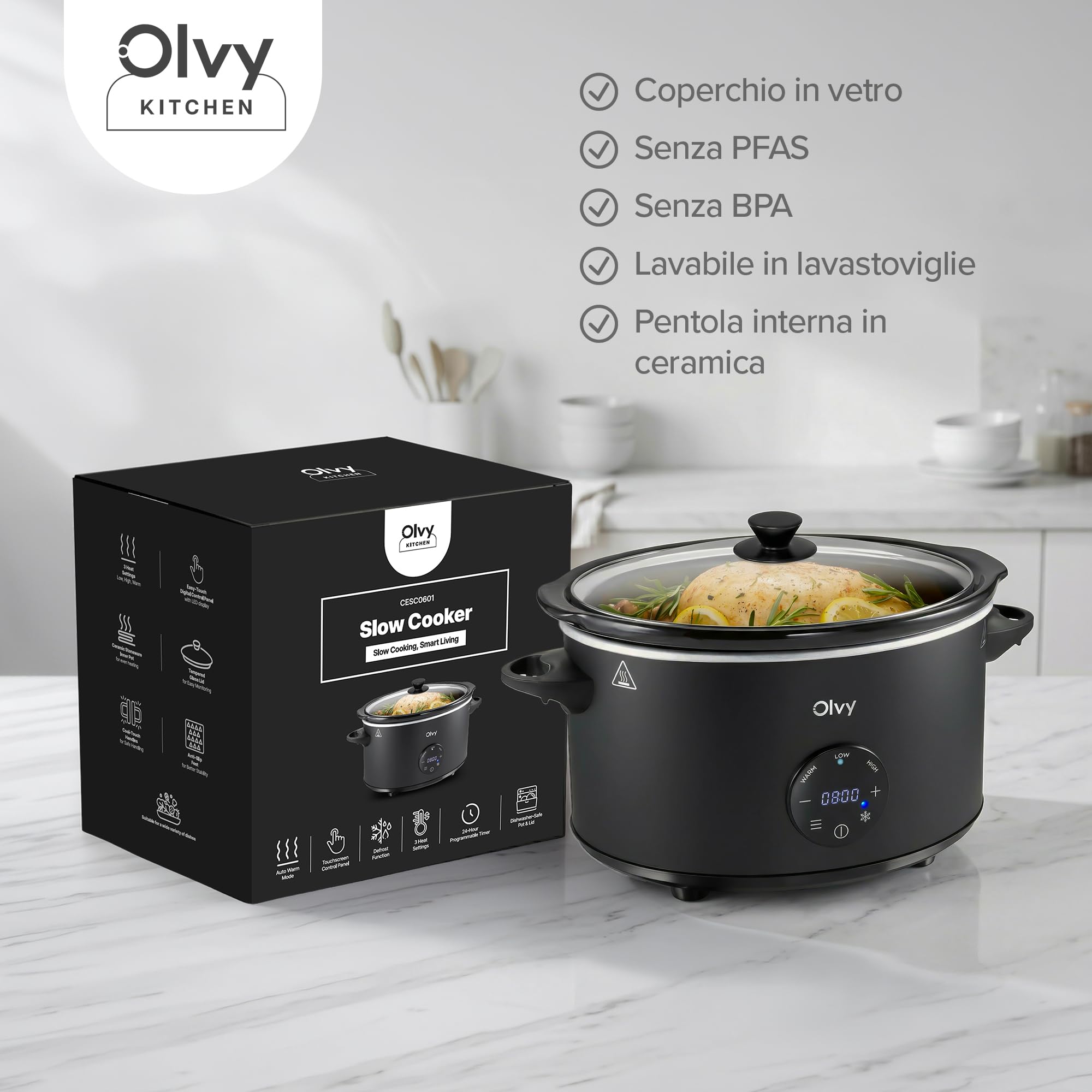 Olvy Slow Cooker - Casseruola digitale da 6 l, con timer, touch screen, funzione di scongelamento, timer 24 ore, 3 livelli, famiglia Meal Prep