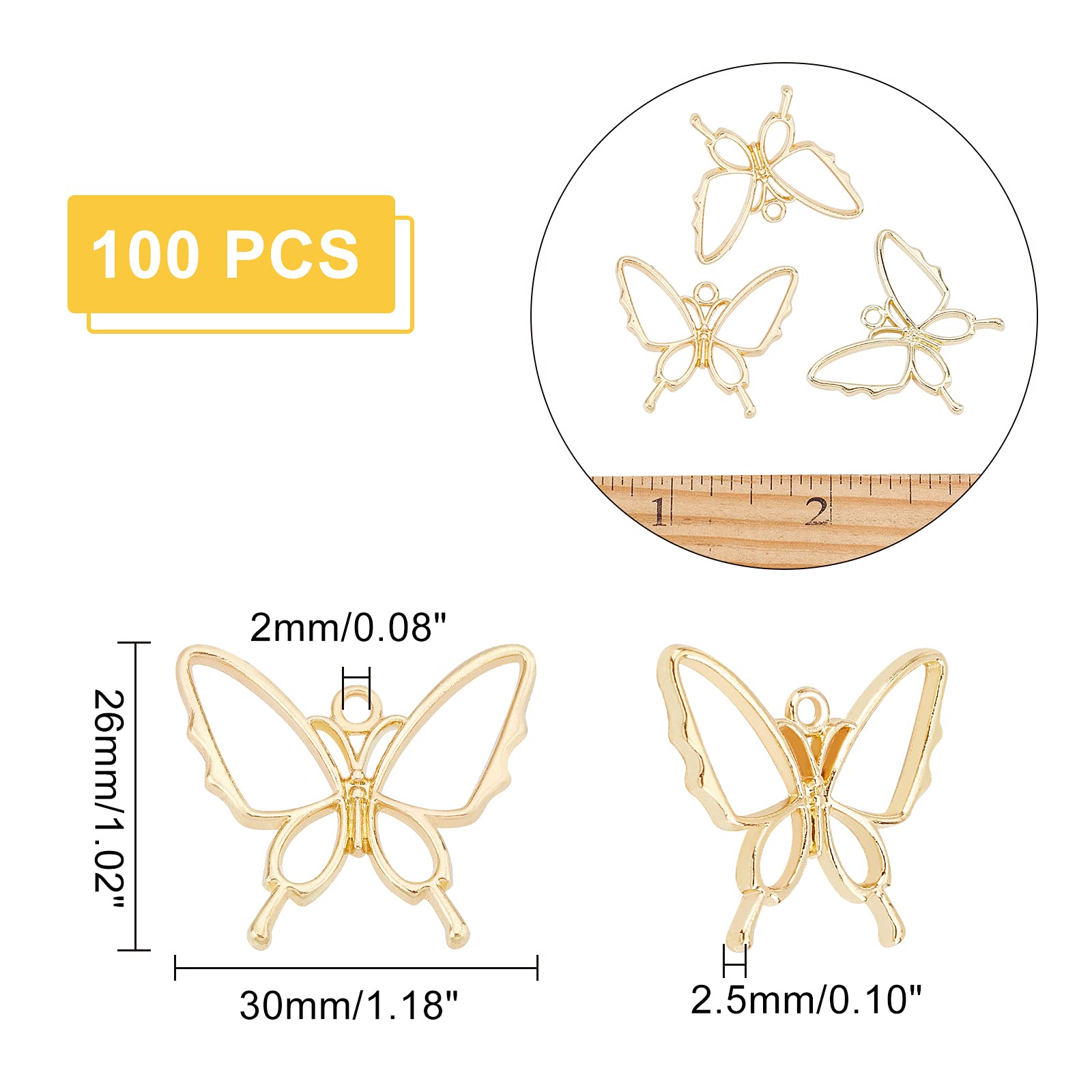 PH PandaHall Lot de 100 pendentifs papillon à dos ouvert en alliage pour résine - Cadres creux pour fabrication de bijoux - Doré - 26 x 30 x 2,5 mm - Acier inoxydable, 26x30x2.5mm, Acier inoxydable