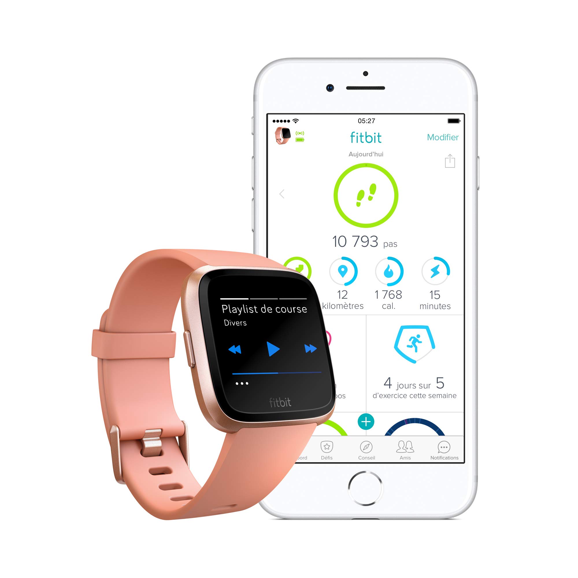 Fitbit Versa - Montres Connectées Forme, Sport et Bien-être : Plus de 4 Jours d’autonomie, Étanche, Suivi Fréquence Cardiaque, Pêche