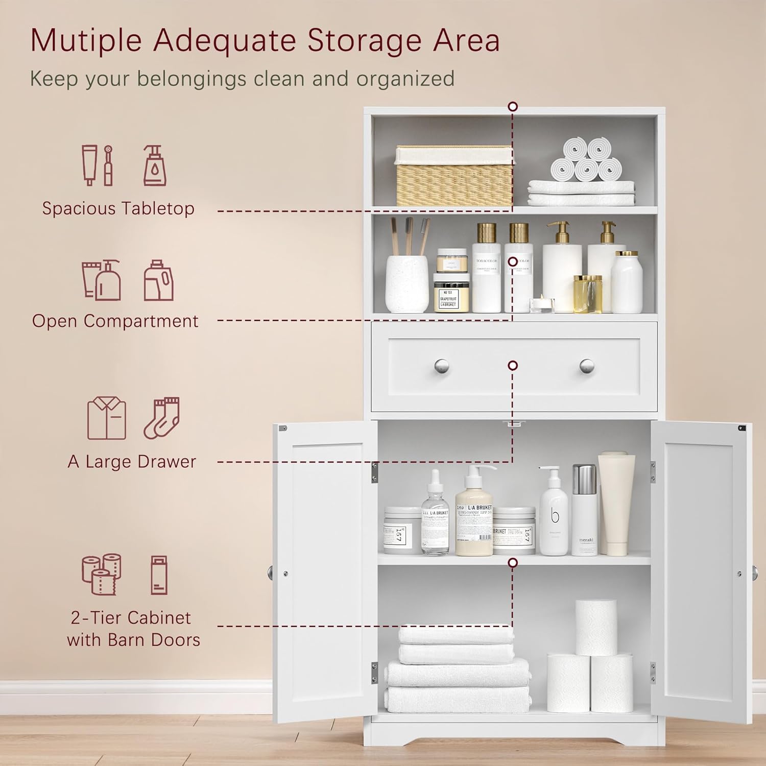 VECELO Bathroom Floor Storage Cabinet with Drawer, Freestanding Storage Unit with Adjustable Shelves, Open Compartments, for Bathroom, Living Room, Kitchen, White