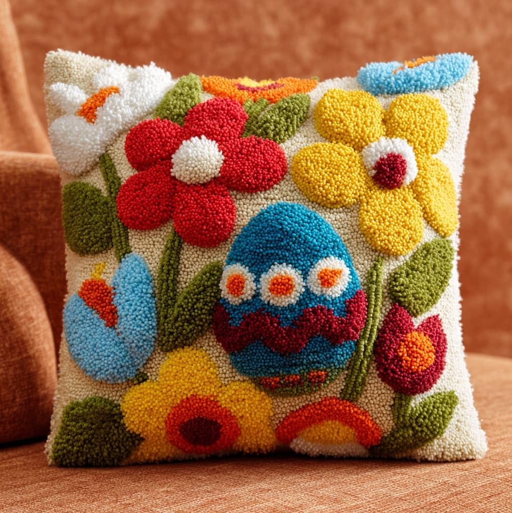 WallustrioaW Latch Hook Cushion Cover Kit,Easter Eggs and Flowers