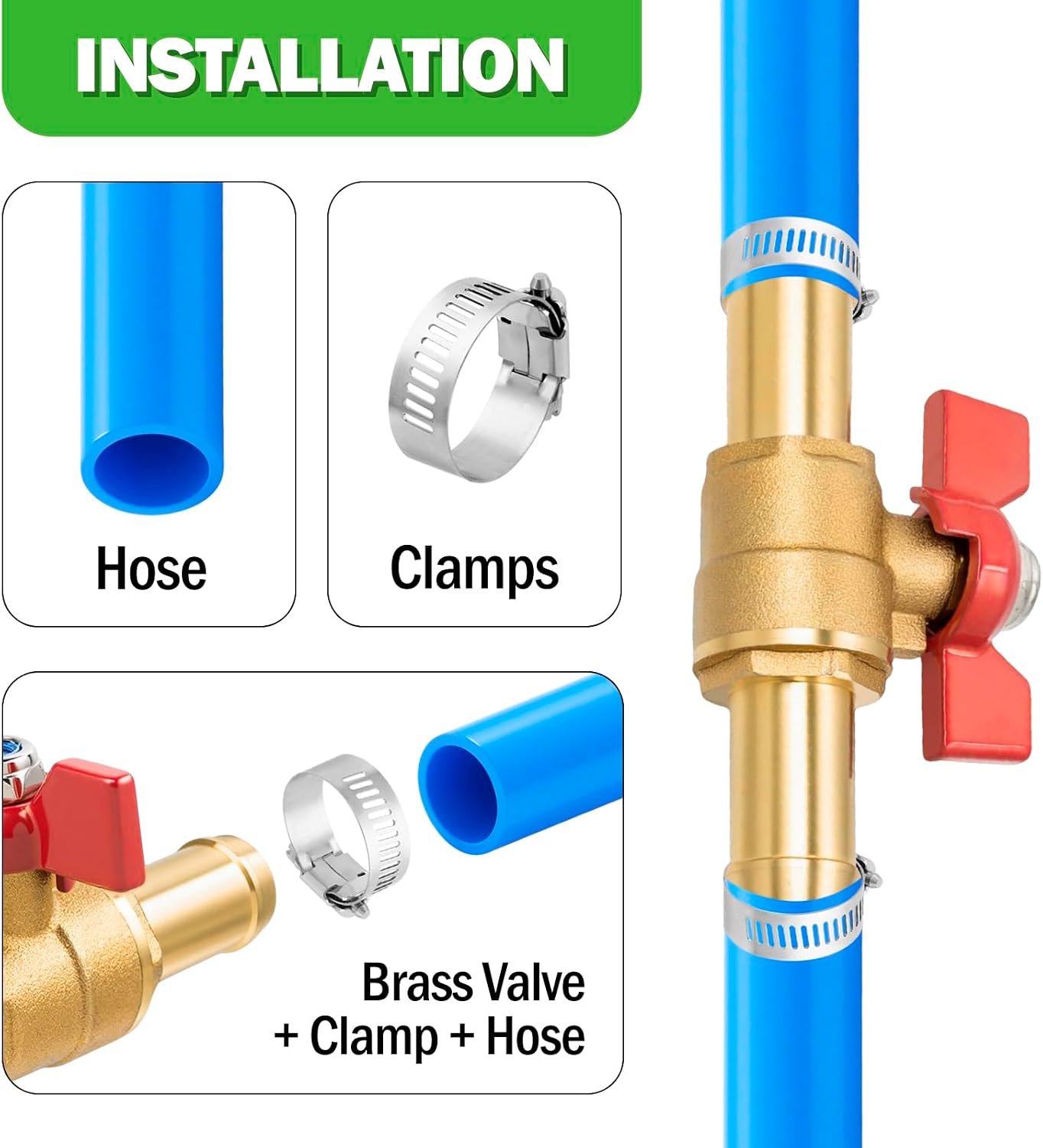3/4" Inch Brass Shut Off Valve, Red Butterfly Handle for Hot and Cold Water with 2 Hose Clamps