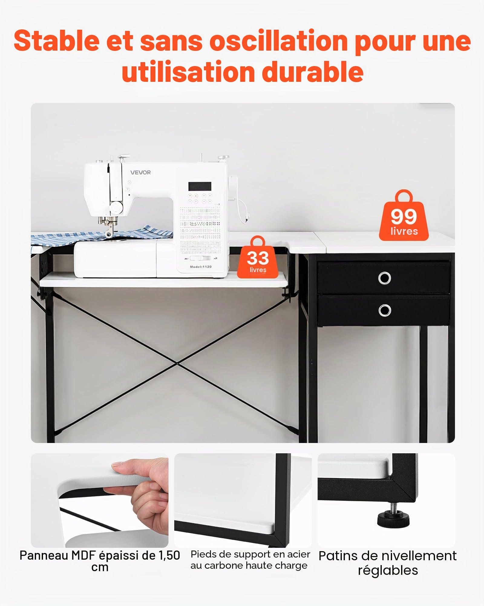 VEVOR Table de Couture, Pieds en Acier, Table pour Machine à Coudre Polyvalente avec tiroirs, Tablette latérale Pliable, étagère réglable, pour Maison, Studio d'art, établissement d'enseignement