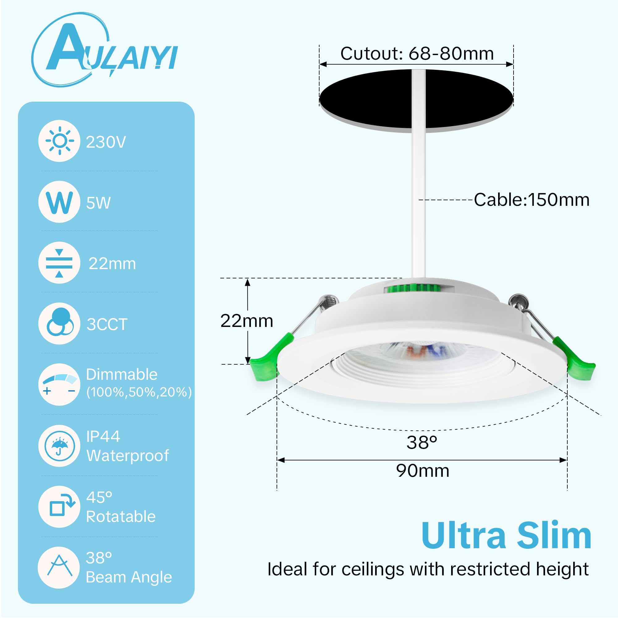 Spot LED Encastrable Dimmable 3 Intensités 230V, 5W Spots de Plafond Orientable Blanc Chaud/Neutre/Froid Réglable, Extra Plat IP44 Spot Salle de Bain, Trou Ø68-80mm, Blanc Lot de 10