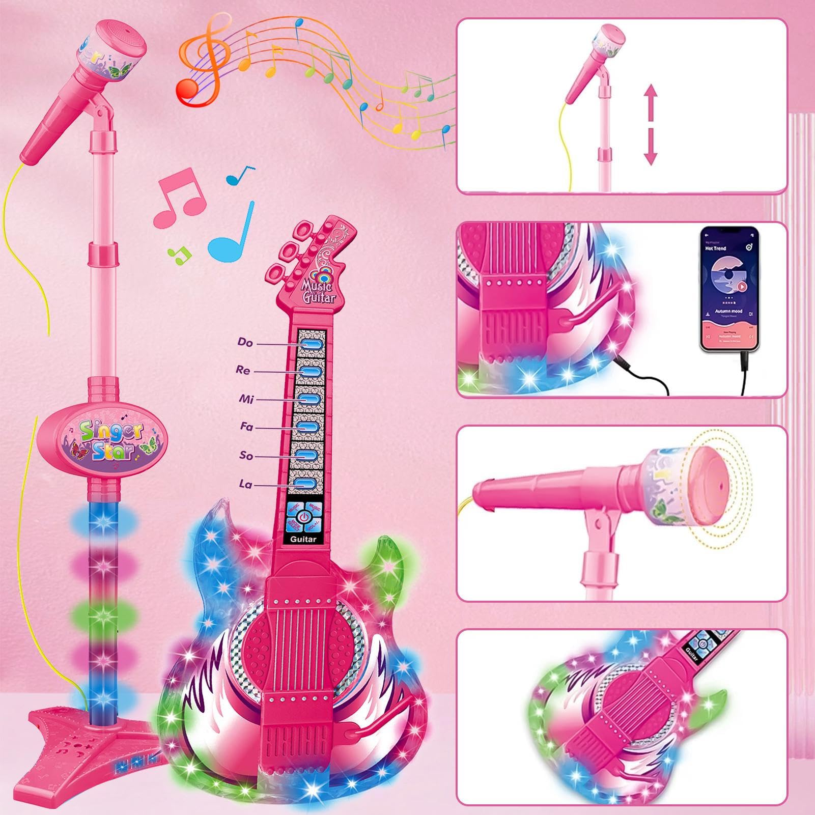 Conjunto de guitarra y micrófono para niñosConjunto infantil juego de juguetes de música con brillante colorido S